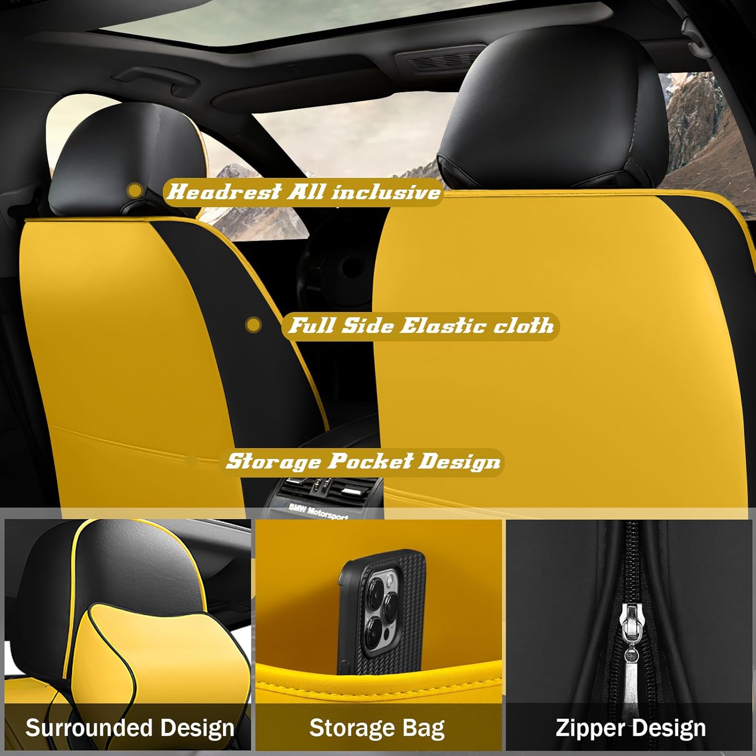 Car Seat Cover 5 Seats for Chevy Impala 2000-2020, Premium Nappa Leather Sport Seat Cover, Waterproof and Durable, Airbag Compatible with Car Seat Protectors (5 Seats Luxury,Black Yellow)