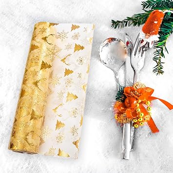 Gold Organza Table Runner Roll, 5mx28cm, Personalised Xmas Table Decoration, Snowflake Pattern