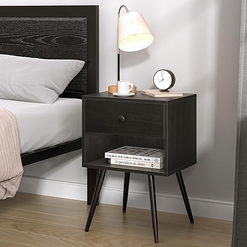 Miniatura 7 de VECELO Juego de 2 mesitas de noche, mesa de noche moderna de mediados de siglo, mesita de noche con cajón de almacenamiento y estante abierto de 2