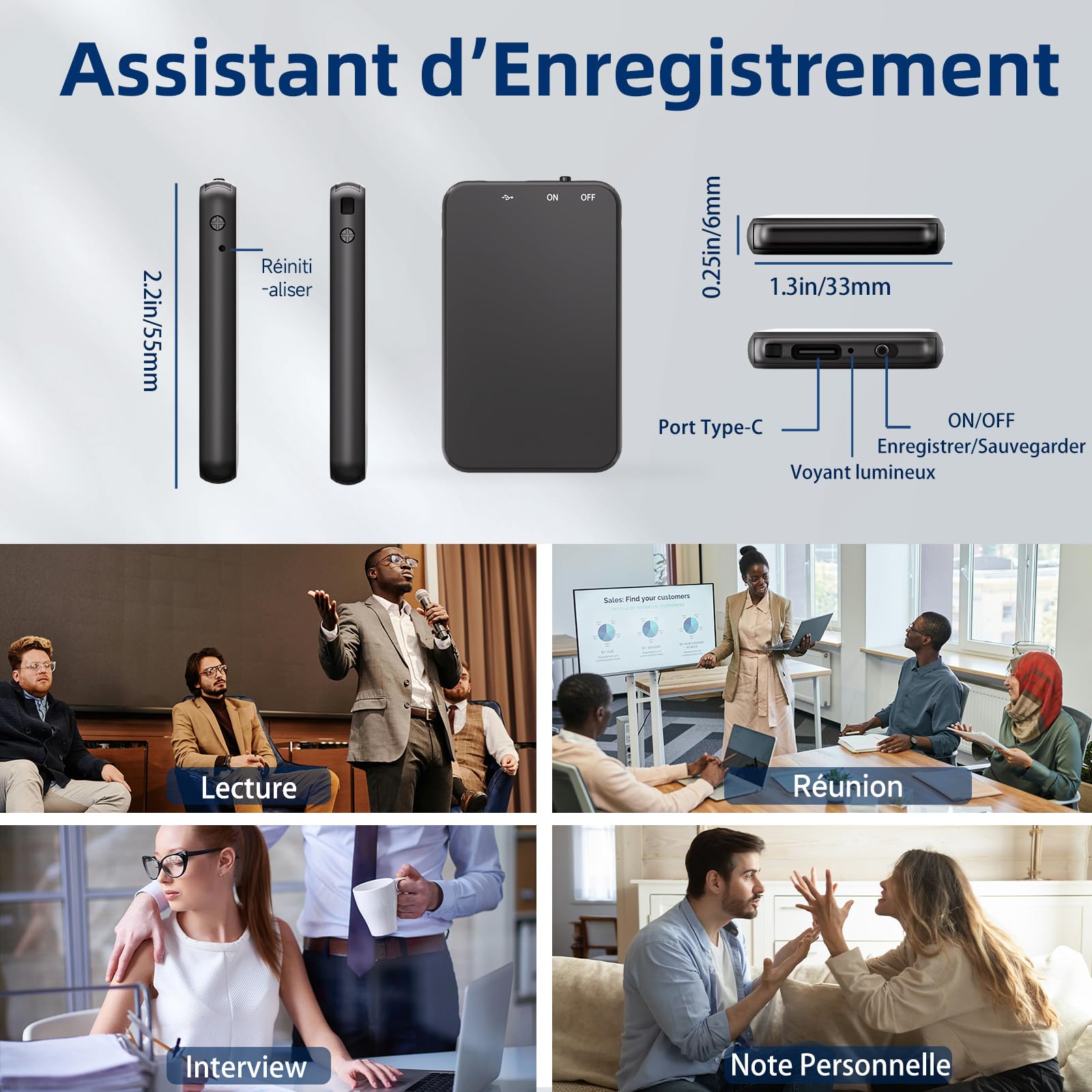 Enregistreur Vocal, Vandlion Mini Enregistreur HD avec 40 Heures Autonomie, USB C Dictaphone avec Réduction de Bruit pour Réunions Entretiens Conférences Cours Interviews (Seulement 5 mm)