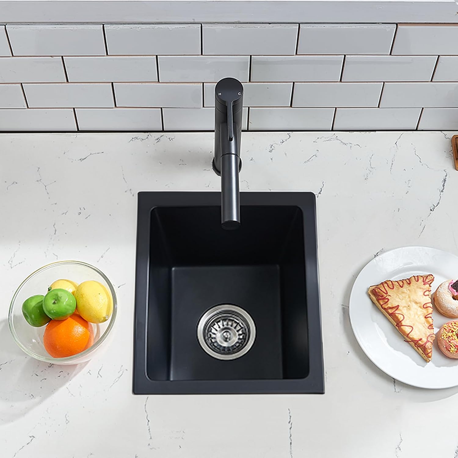 IKEBANA 13 x 15 Inch Black Quartz Bar Sink, Undermount Single Bowl Small Composite Wet Bar Prep Bar Rv Sinks