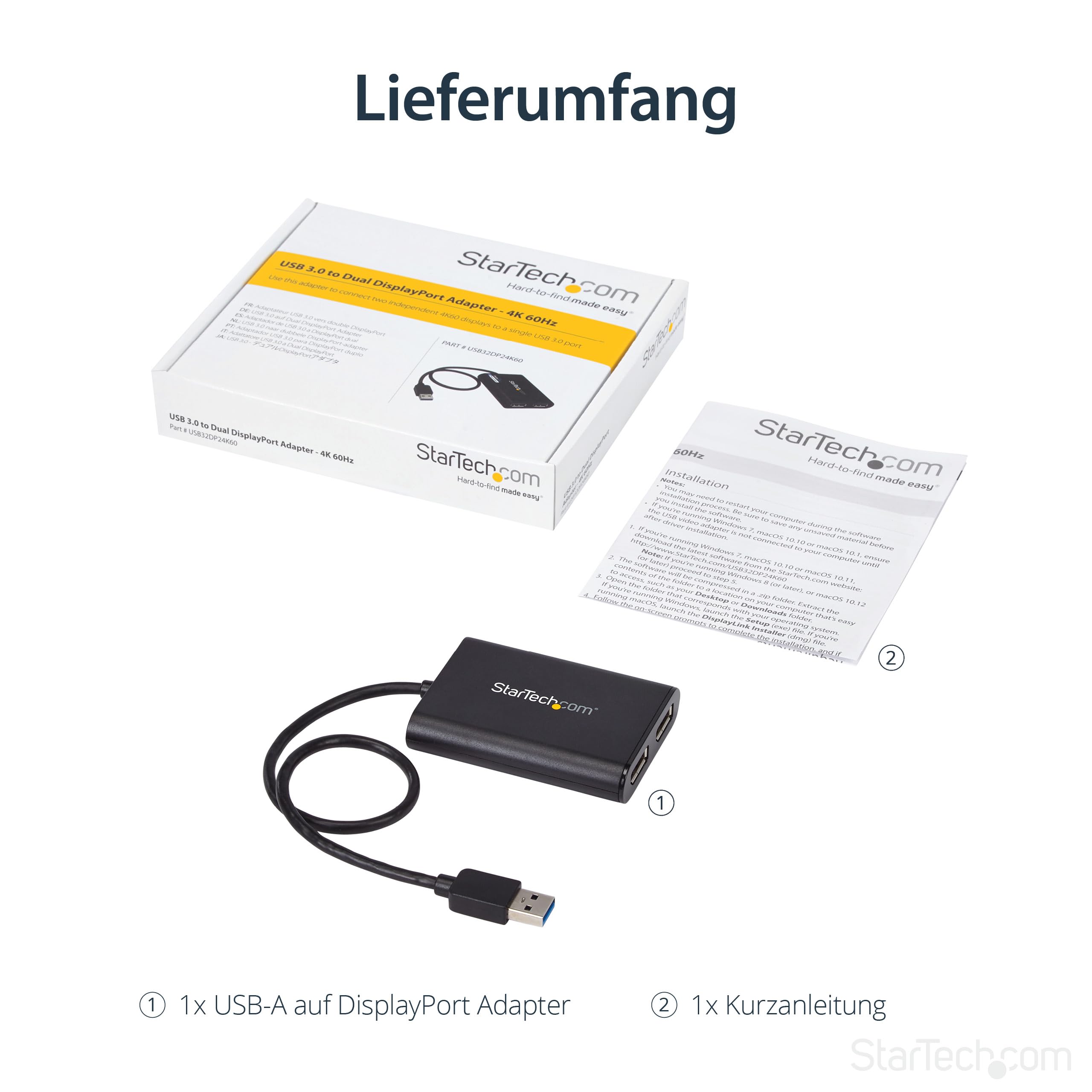 StarTech USB 3.0 auf Dual DisplayPort Adapter, 4K 60Hz (USB32DP24K60) | DisplayLink zertifiziert, Dual Monitoradapter, USB-betrieben, Für Mac und Windows, 5Gbit/s