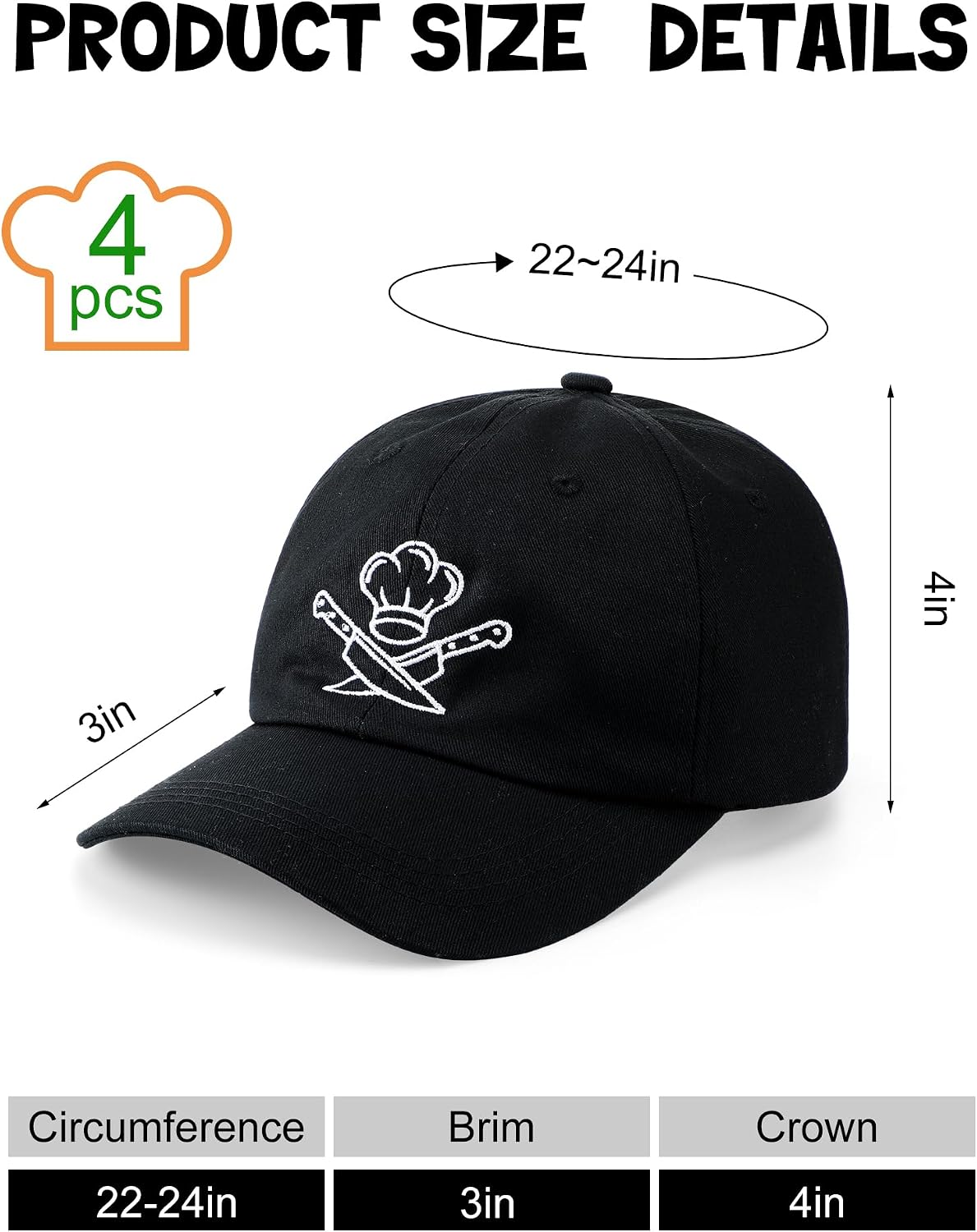 4 Pack Chef Caps for Men Adjustable Baseball Cap Black Funny Kitchen Hats Bulk Dad Hat Chef Accessories