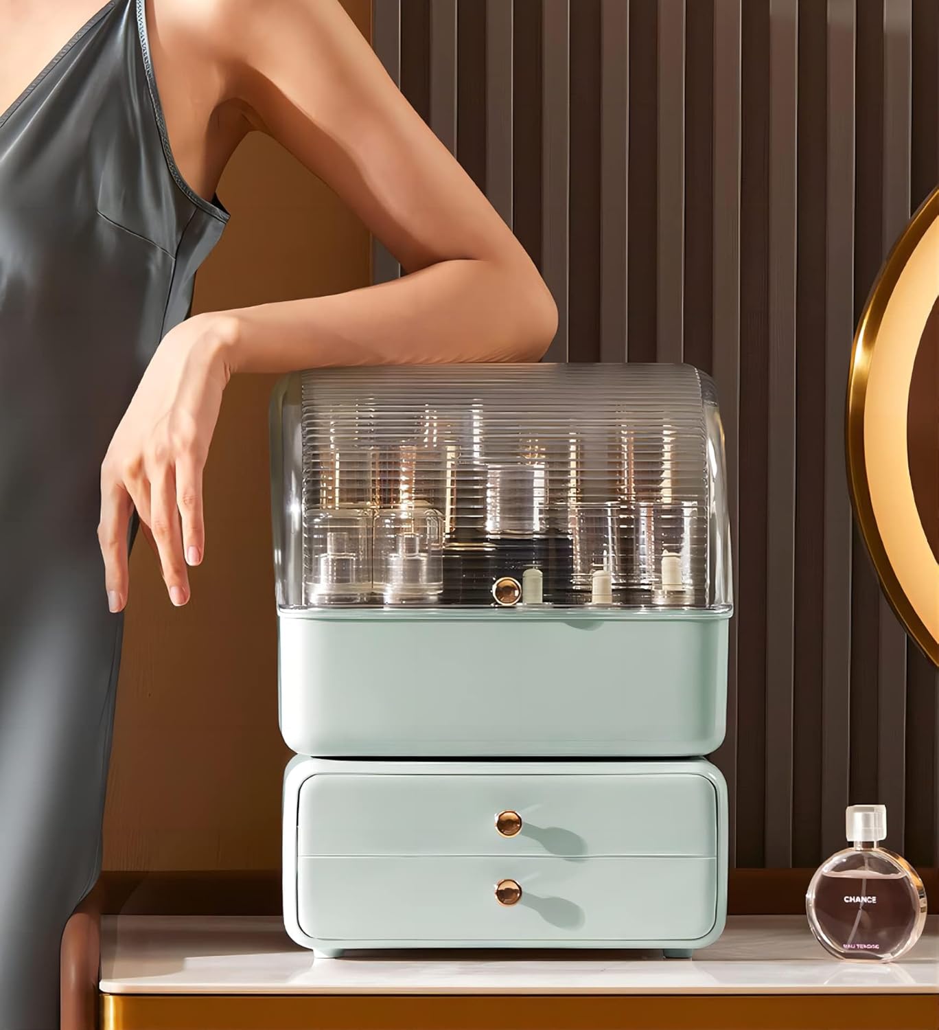 JOYBOS Makeup Organizer with lid open, showing contents