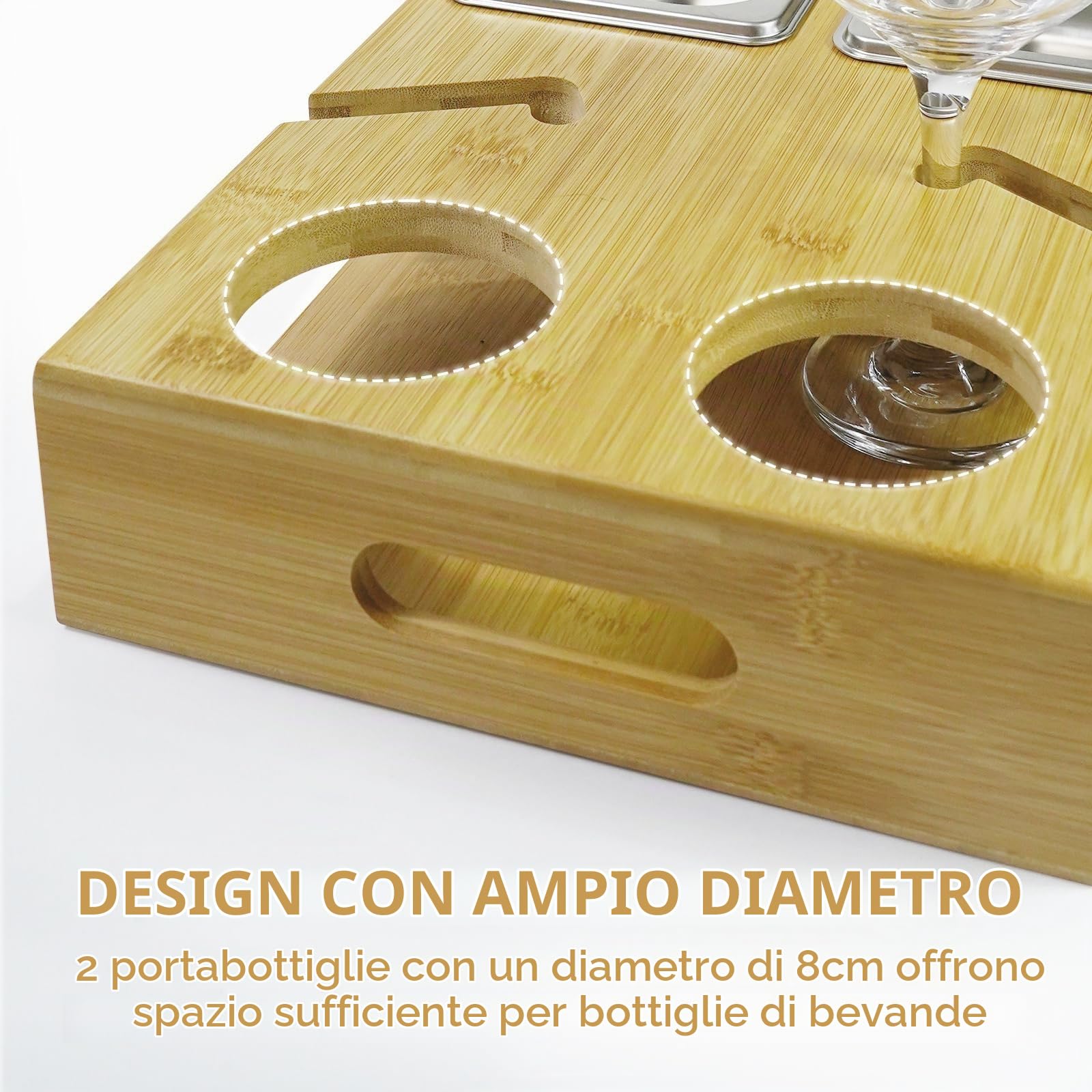 Vassoio da Divano in Bamboo - Portabicchiere da Vino Rettangolare Con 2 Ciotole per Snack in Acciaio Inossidabile - Adatto per Soggiorno, Picnic e Ristorante