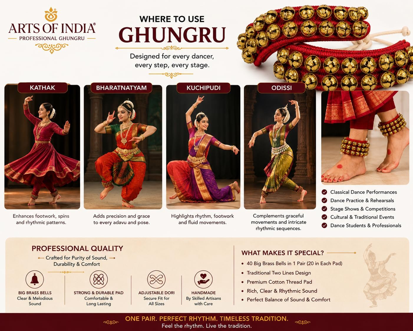 Kathak Ghungroo (2) Two Line Big Dancing Bells Ghungroo Pair Handmade Indian Classical Dance Accessories Bharatnatyam, Kuchipudi, Odissi Ghungru Red Pad