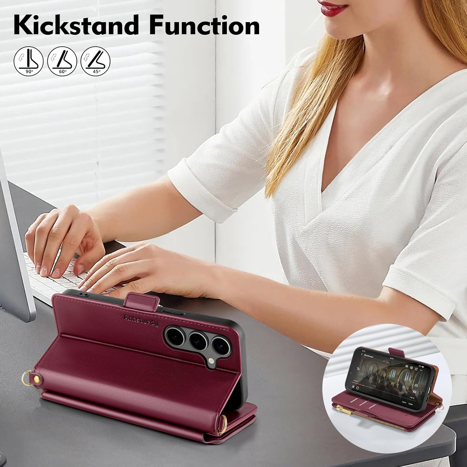 Antsturdy Compatible with Samsung Galaxy S25 Plus Wallet Case for Women【RFID Blocking】 Crossbody Phone Case PU Leather Zipper with Wrist Strap Flip Cover Credit Card Holder for S25 Plus,Wine Red