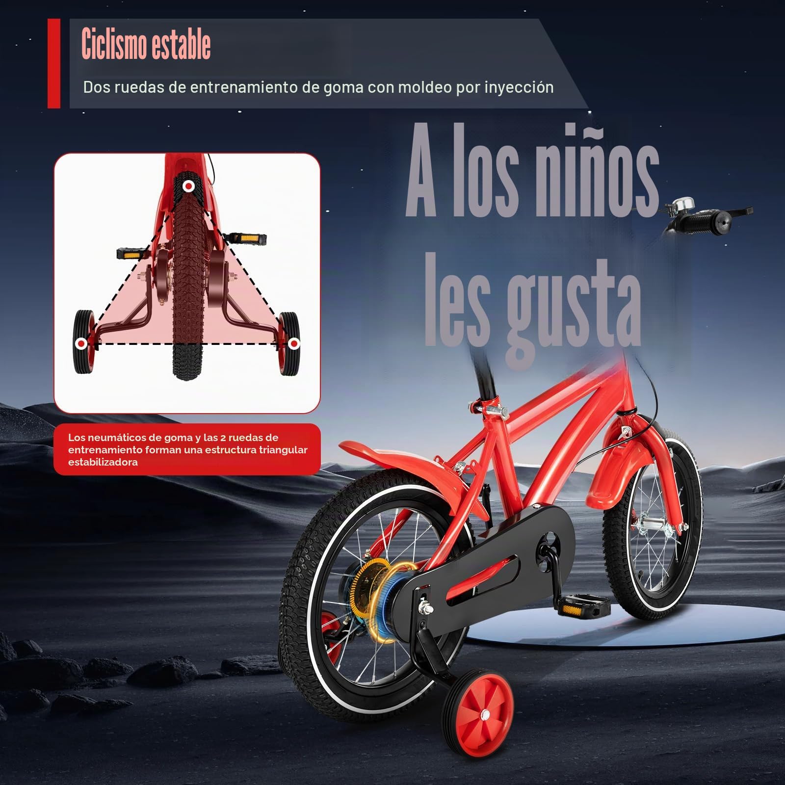Bicicleta infantil de 14 pulgadas con ruedas de apoyo, bicicleta para niños de 3 a 6 años y niñas, al aire libre, deportivo, bicicleta infantil, color rojo, altura ajustable (95-135 cm)