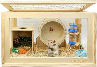 BNOSDM Wooden Hamster Cage and Habitats Transparent Small Animal Cages with Top Ventilation Syrian Dwarf Hamsters Mice Hutch Exercise Play House(19.6 * 11.8 * 11.8in)