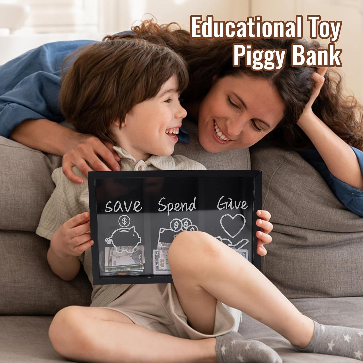 Wooden Give Save Spend Money Saving Box for Kids, Money Coin Savings Piggy Bank Jar Box for Kid Safe Money Saver, Teach Children About Giving Saving Giving Money Piggy Box for Boys Girls, Black