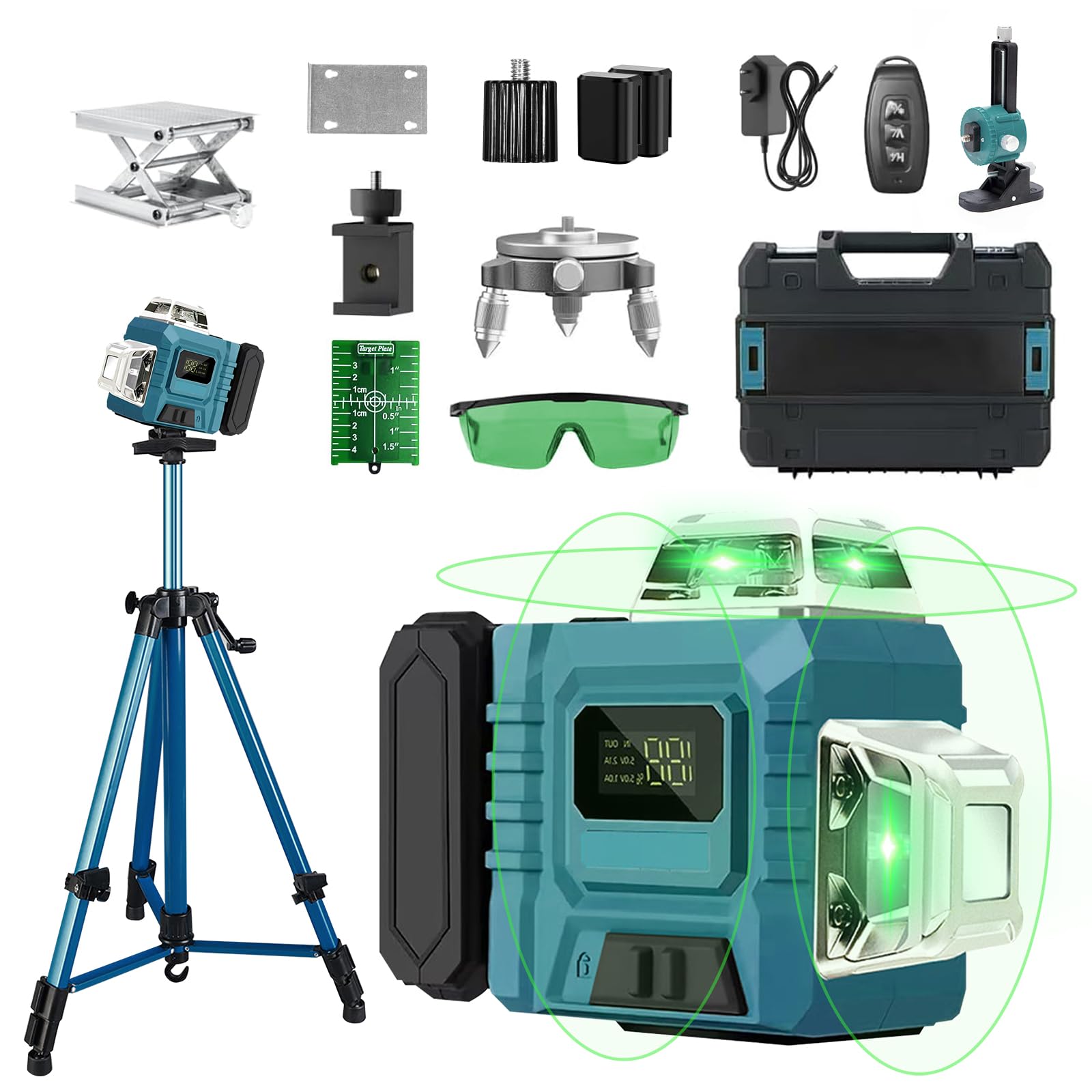 Laser a croce con treppiede, laser a croce 4D 16 linee, colore verde, con 2 batterie da 3000 mAh, livella a bolla 4 x 360°, autolivellante, laser a linea con indicatore LED e acqua IP54