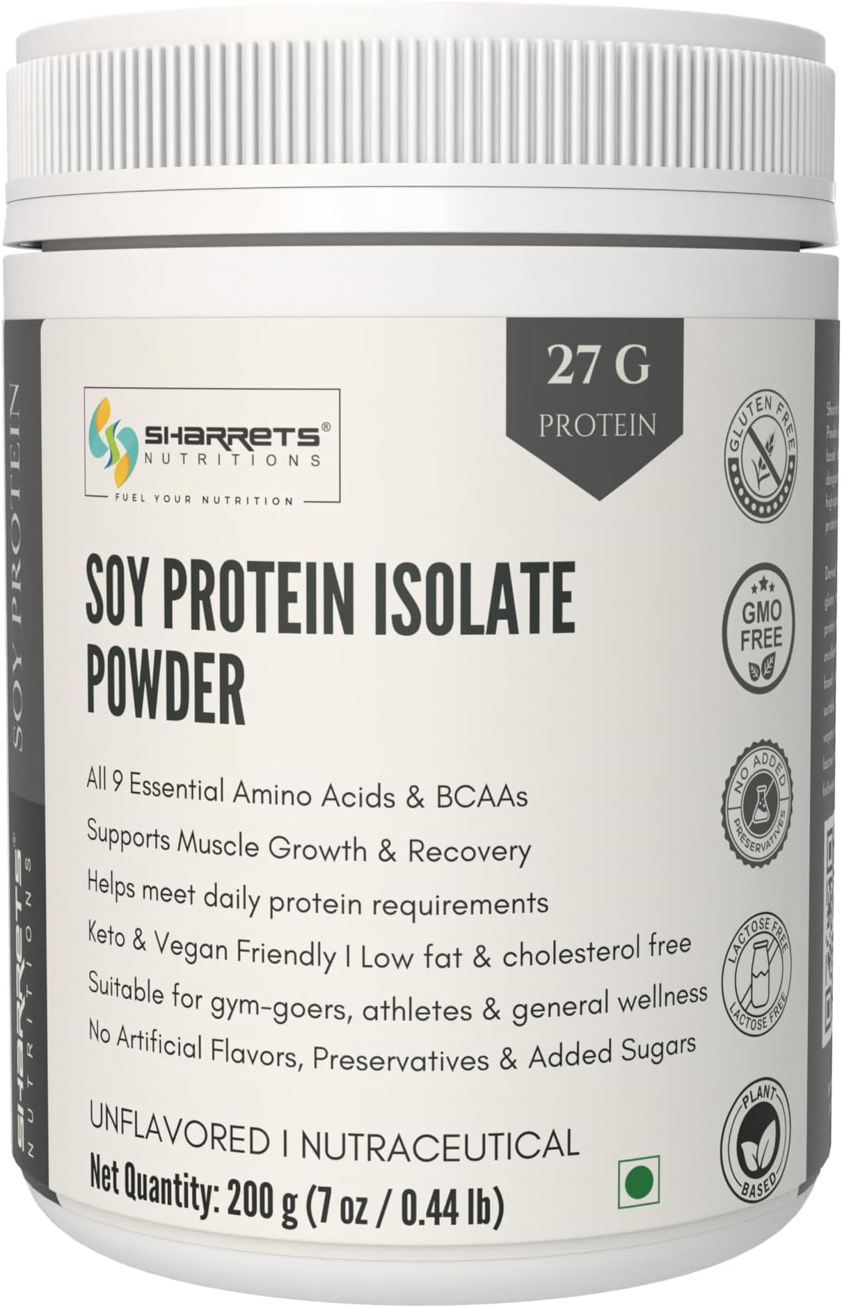 Sharrets Soy Protein Isolate Unflavored Powder 90%, 200g, for Beginners Athletes Men Women Gym Muscle gain