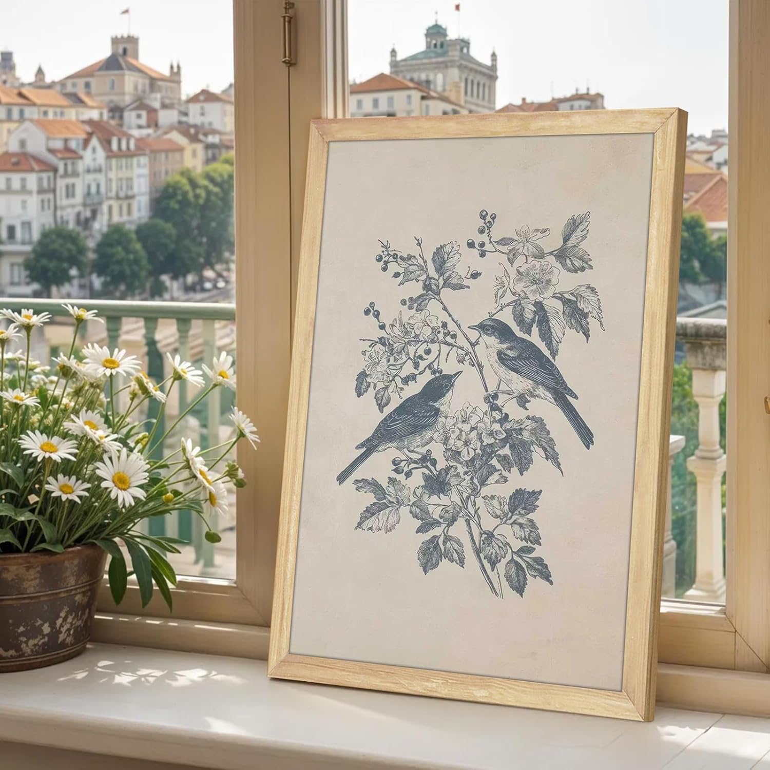 Set of 2 Bird Canvas Wall Art Posters 12x16 Inch – Nature Inspired Botanical Prints with Light Wood Frame – Birds and Flowers Conversation Artwork for Living Room, Bedroom, Farmhouse Wall Decor