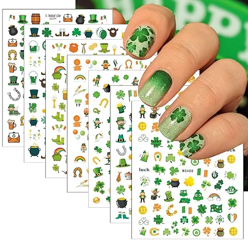 7 hojas de calcomanías de uñas del día de San Patricio, calcomanías de uñas de trébol 3D, trébol irlandés verde, suministros de uñas, hojas de la