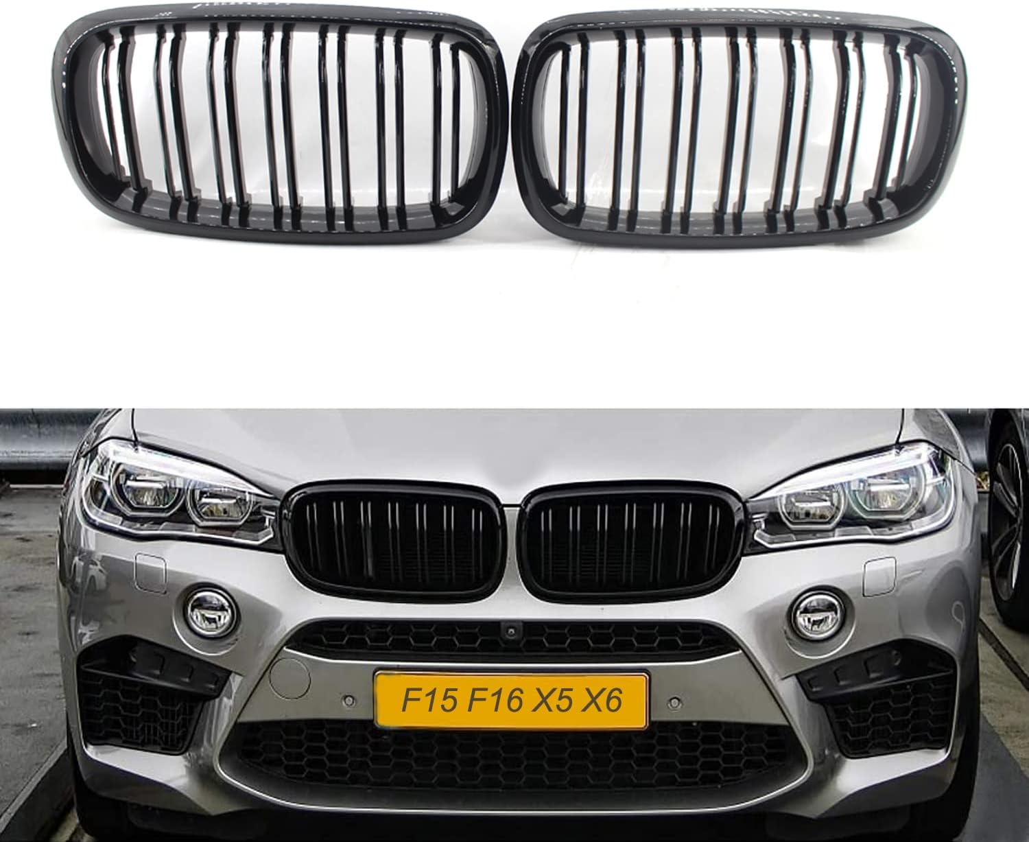GSRECY F15 X5 Grille, Gloss Black Double Slats Kidney Grille Grill Compatible with BMW 2014-2018 X5 F15, 2015-2019 X6 F16, X5M F85 X6M F86