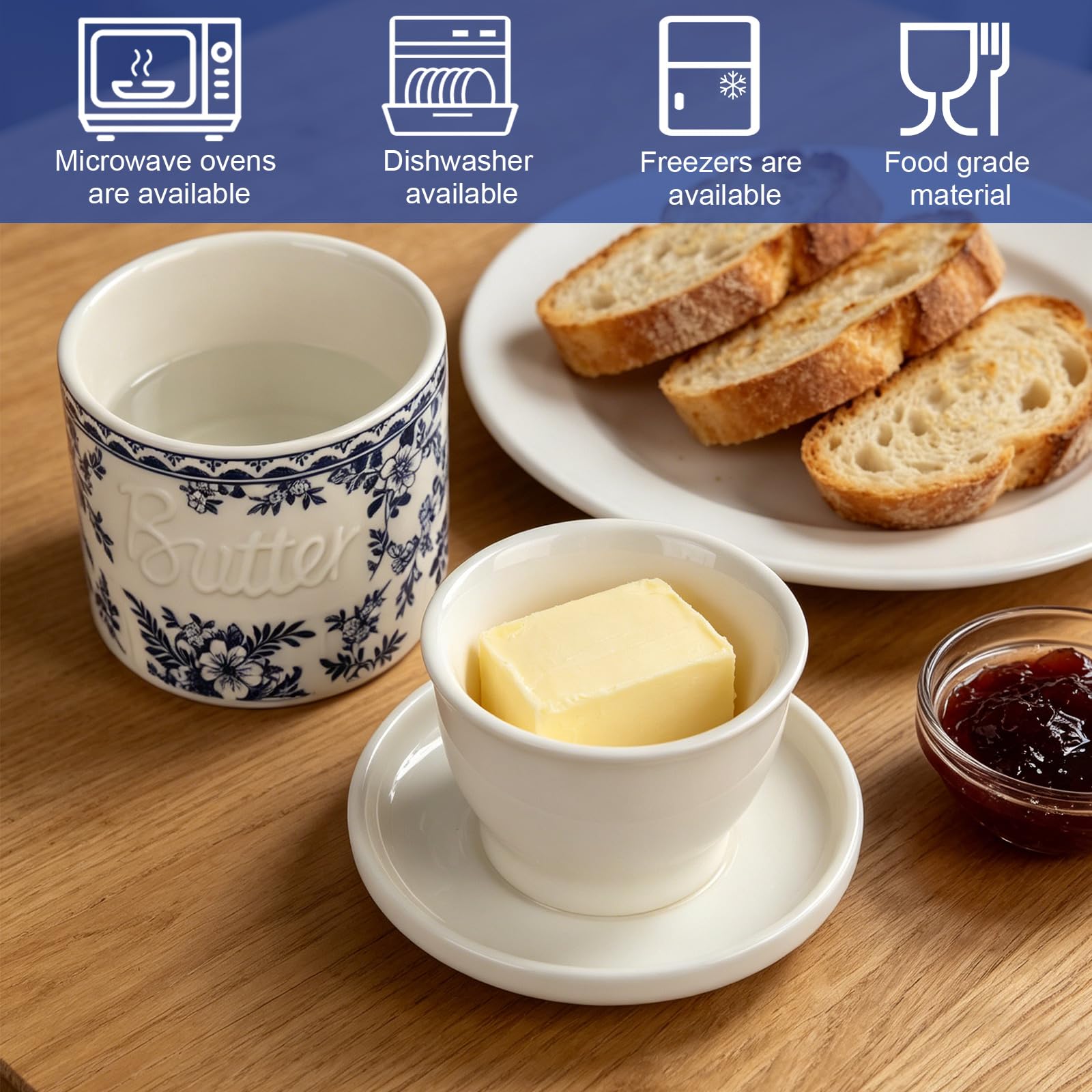 Porcelanowa miska na masło z nożem do masła, francuska miska na masło z pokrywką, chłodzona wodą miska na masło z linią wody do przechowywania świeżej, miękkiej, gotowej do spożycia maśliny