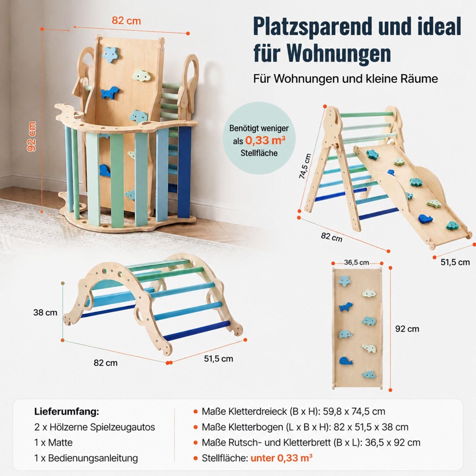 Kletterdreieck, 9-in-1 Kletterspielzeug, mit Holzautos, Kissen, Kletterdreieck, Rutsche & Kletterbogen, bis 68 kg, Montessori Indoor Spielset für Kinder im Alter von 1 bis 3 Jahren, Blau