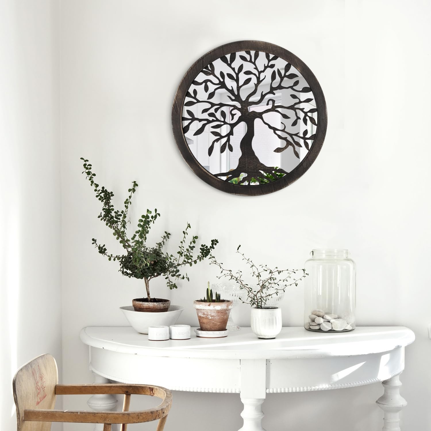 Boho ronde wandspiegel, cirkel-spiegeldecoratie, rustieke wanddecoratie, ronde decoratieve wandspiegel, wanddecoratie, cirkelspiegel, rotan, boerderijdecoratie voor slaapkamer, badkamer
