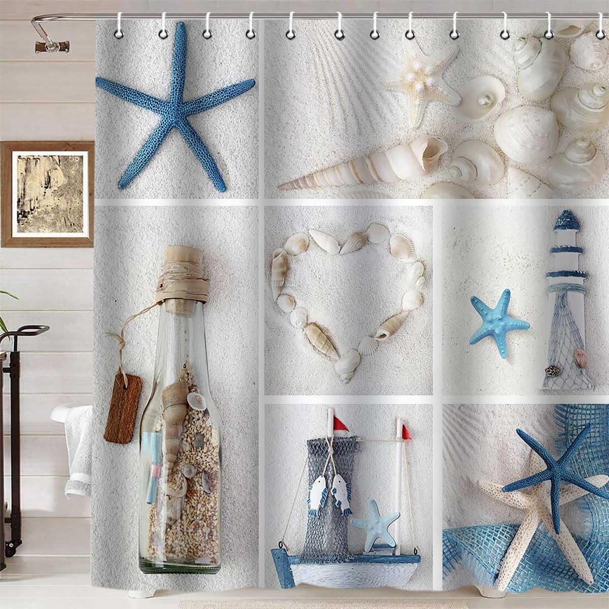 Namdeva Nautical Shower Curtain, Ocean Blue Starfish Seashell Conch Fish Sea Marine Drift Bottle Lighthouse Sailboat Coastal Beach Bathroom Decor, Waterproof Fabric White Shower Curtain, 72 X 72 Inch