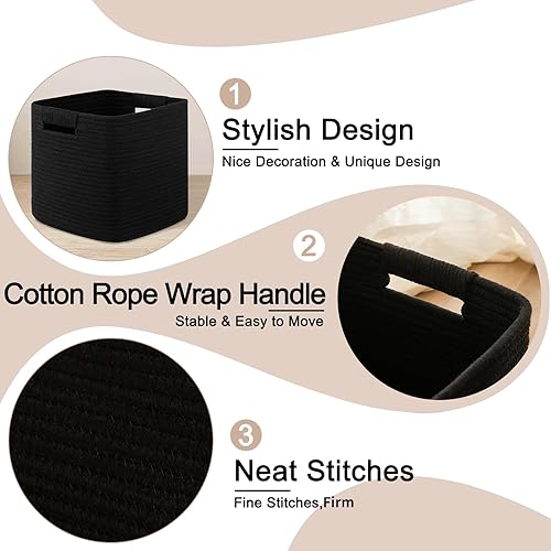 Miniatura 3 de OIAHOMY Cubos de almacenamiento de 11 pulgadas, paquete de 3, cestas tejidas de cuerda de algodón para organizar, cestas de almacenamiento cuadradas