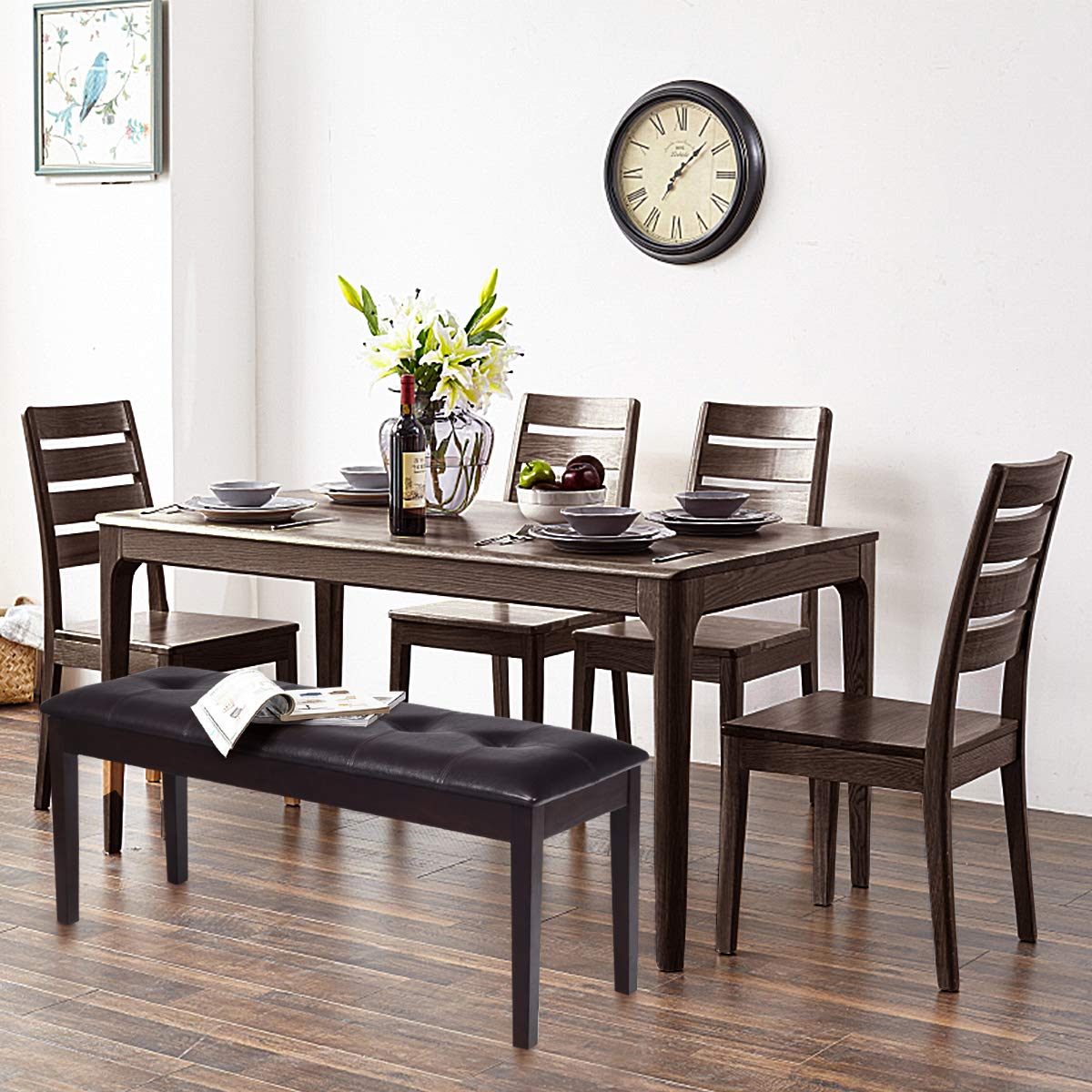 GYMAX Panca Imbottita, 2 Posti, con Superficie Trapuntata in PU e Bottoni Decorativi, Struttura in Legno con Piedini Antiscivolo, 116 x 38 x 48 cm (marrone)
