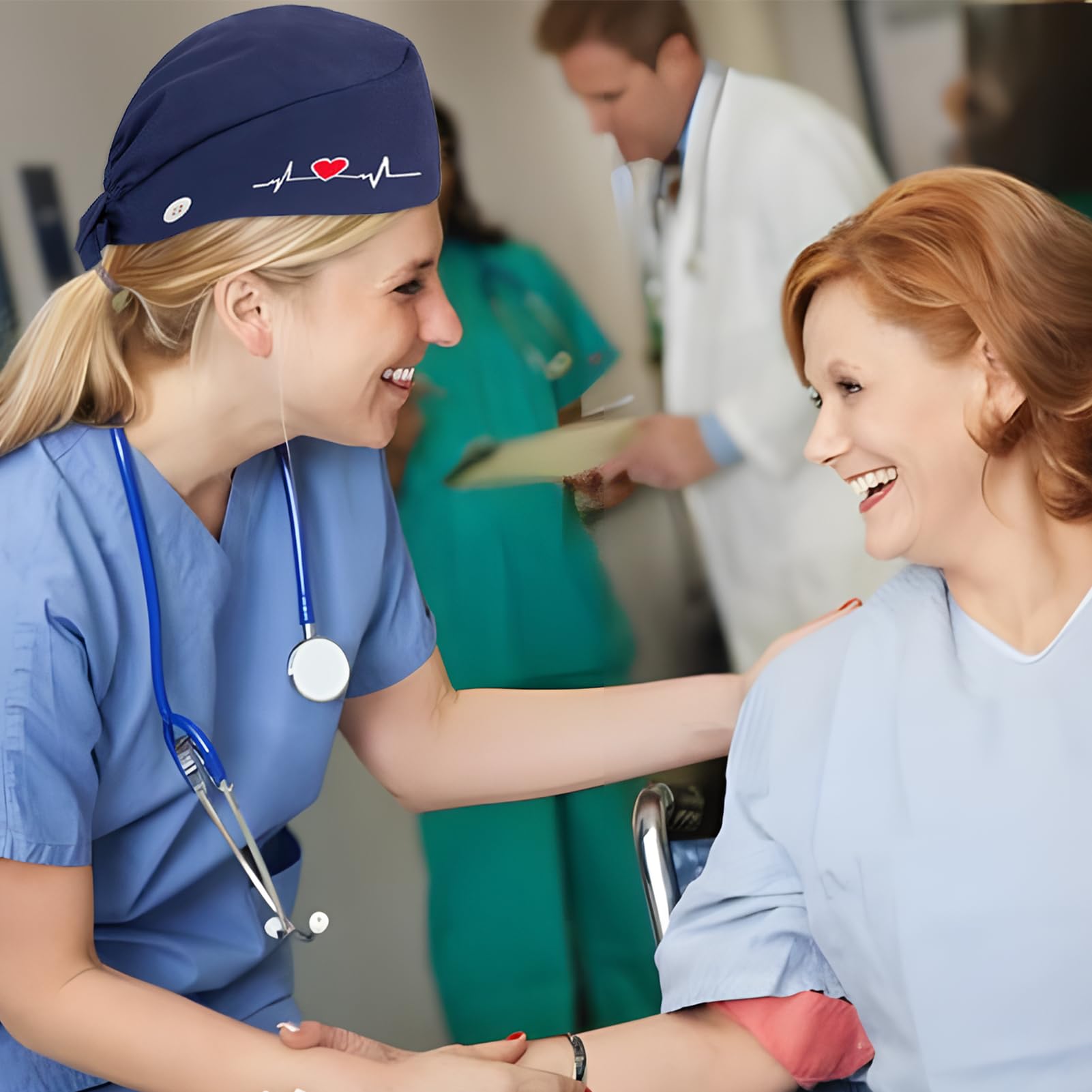 Berretto Donna Chirurgico Cappello in Cotone, Cuffietta sala Operatoria con Fascia Regolabile, Berretto Infermiera con Ricamo a Cuore, Cuffietta Chirurgica Unisex per Medici e Infermieri, Blu Scuro