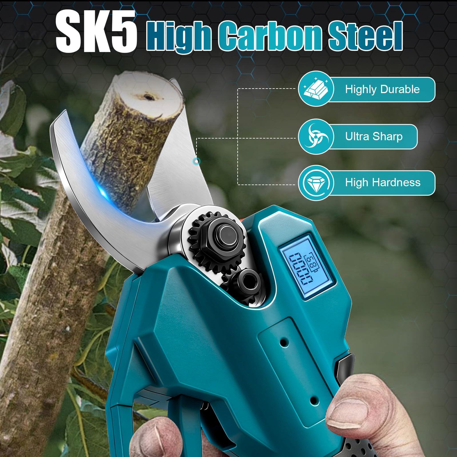 Sécateur Électrique Sans fil Compatible avec Makita 18 V, 30mm Secateur à batterie avec 2x2000mAh Batteries, LCD, Bürstenloser Motor, Ersatzklingen, pour branches, arbustes et troncs