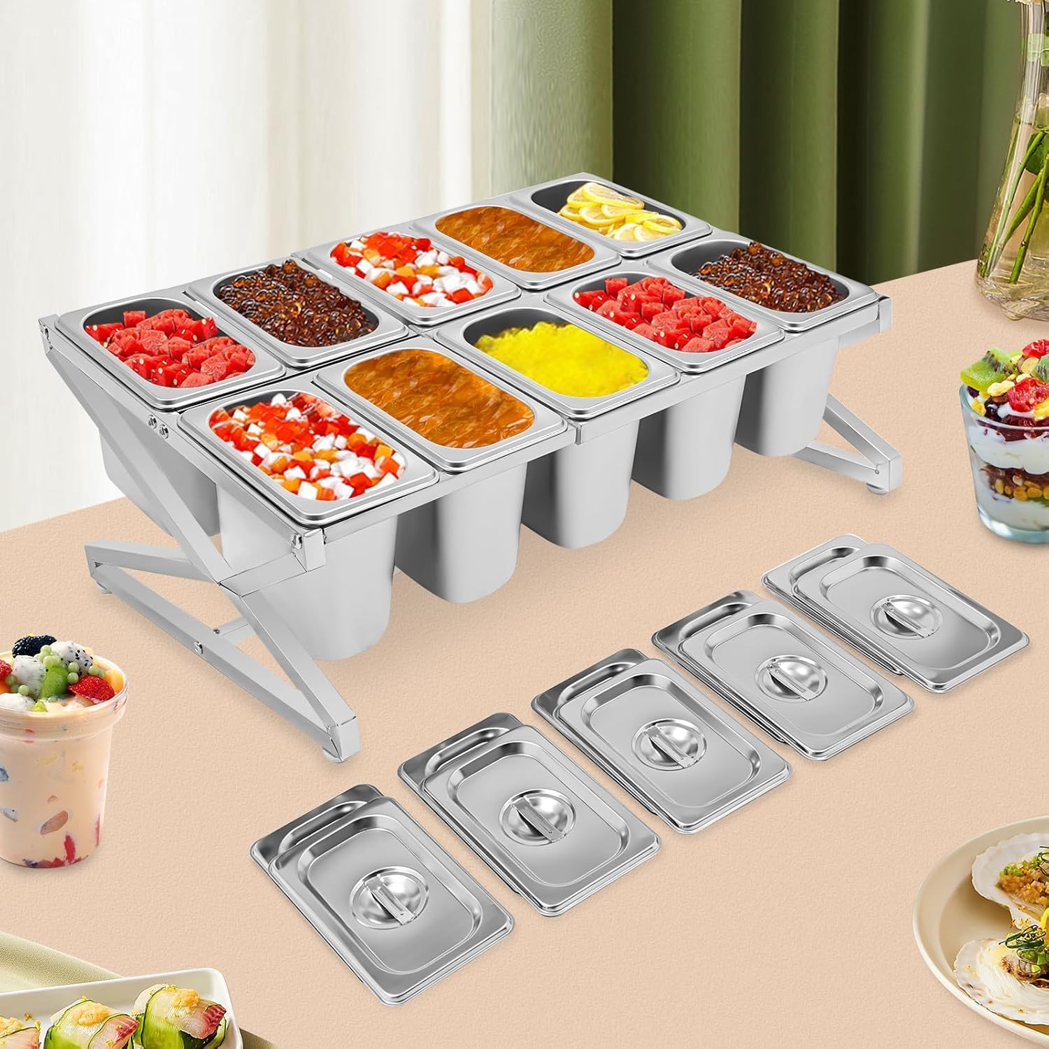 Étagère à épices extensible en acier inoxydable – Support de comptoir commercial avec 6/8/10 casseroles et couvercle pour assaisonner les sauces, confitures, fruits et ingrédients