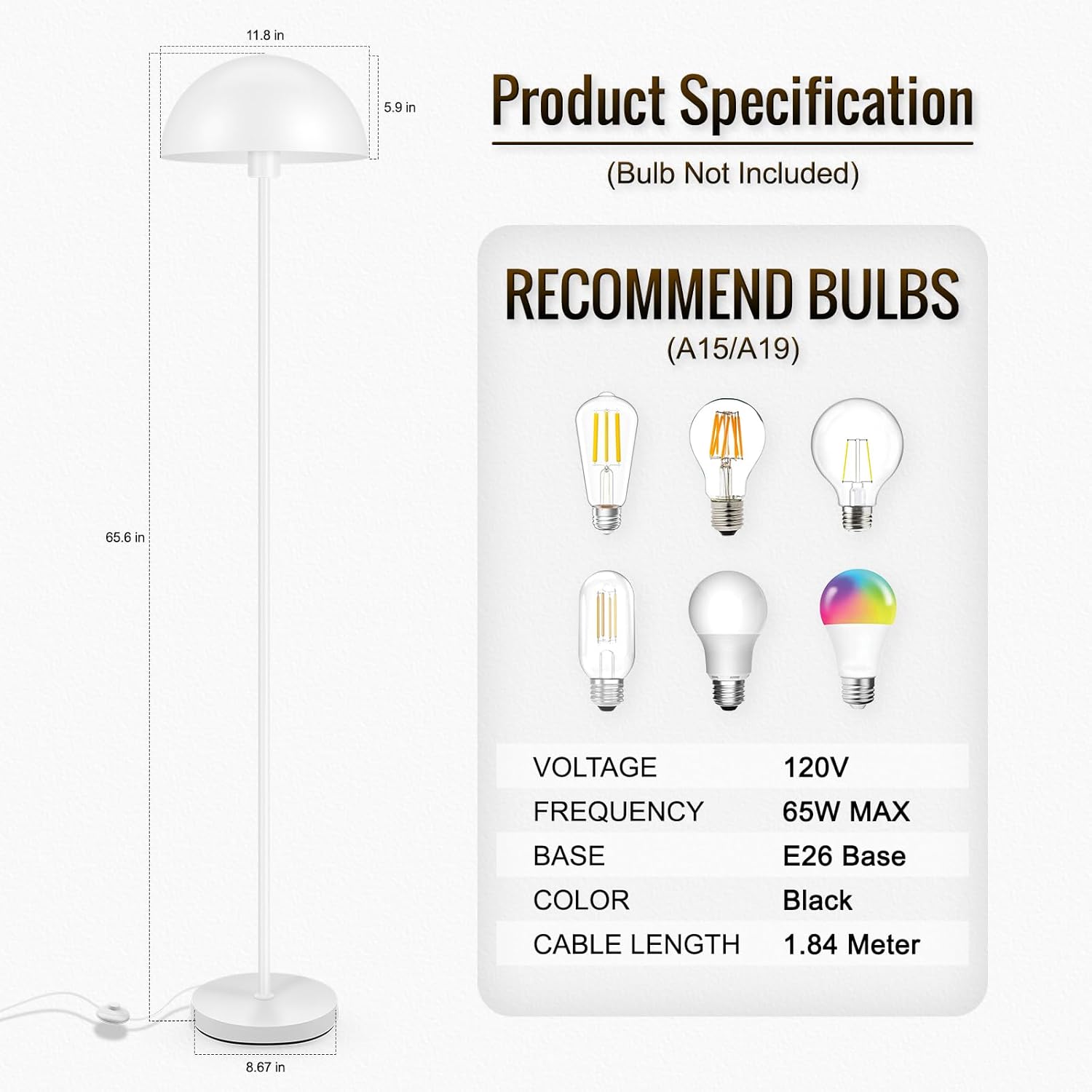 Modern Floor Lamps for Living Room, White Metal Mushroom Lamp, 66" Tall Corner Lamp, Footswitch, Bright Industrial Standing Lamps for Bedroom Nursery, Mid Century Modern Home Decor(E26 Base, NO BULB)