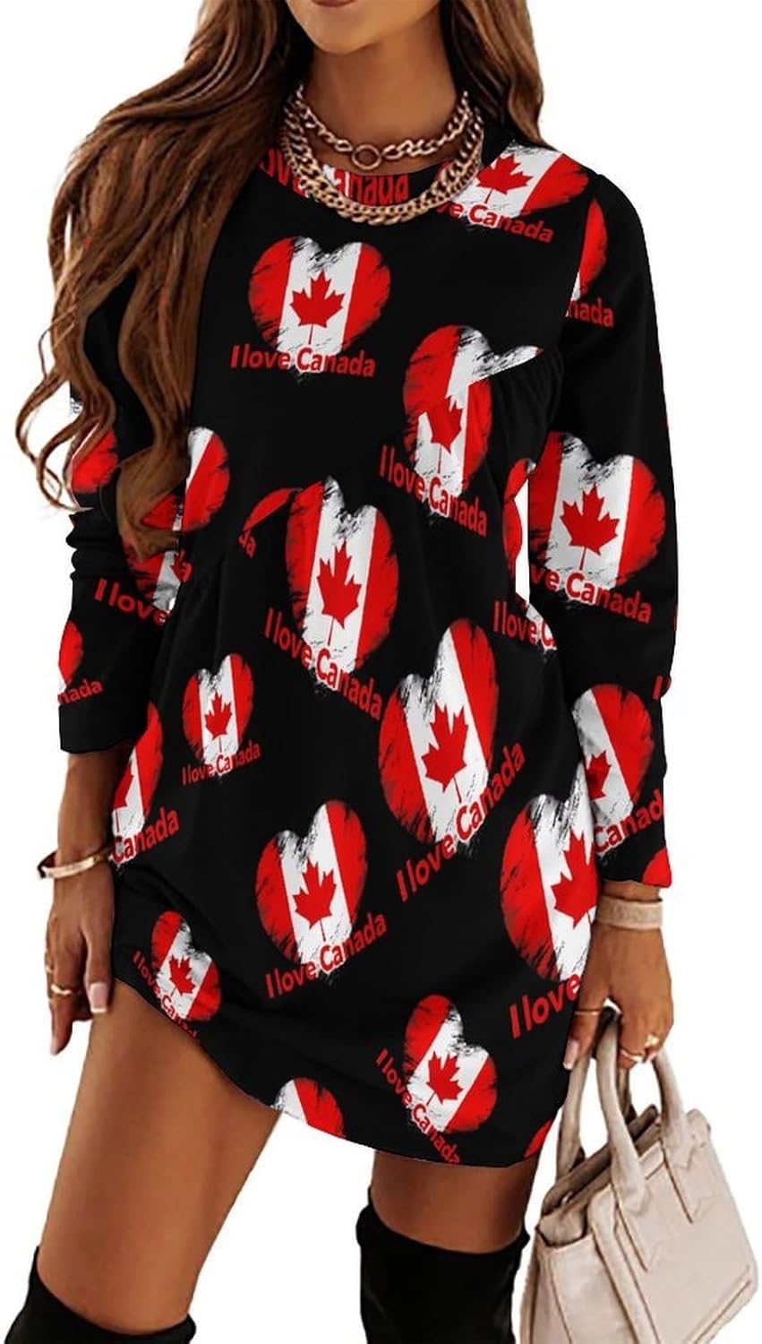 I Love Canada Women's Fleece Sleeve Sweatshirt Dress Long Pullover Casual Dresses