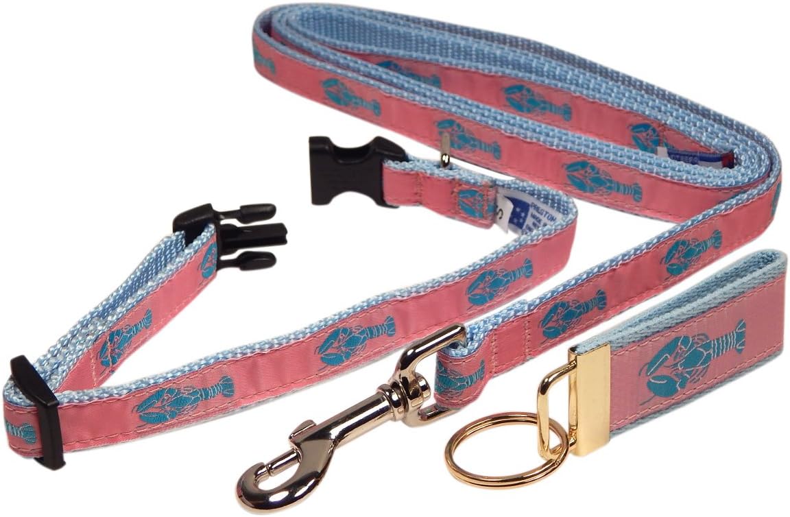 Preston "Blue Lobster on Pink" Collar and Leash Set, SMALL Dogs, FREE Matching Key Ring (X-SMALL, 3/4 Inch Width)