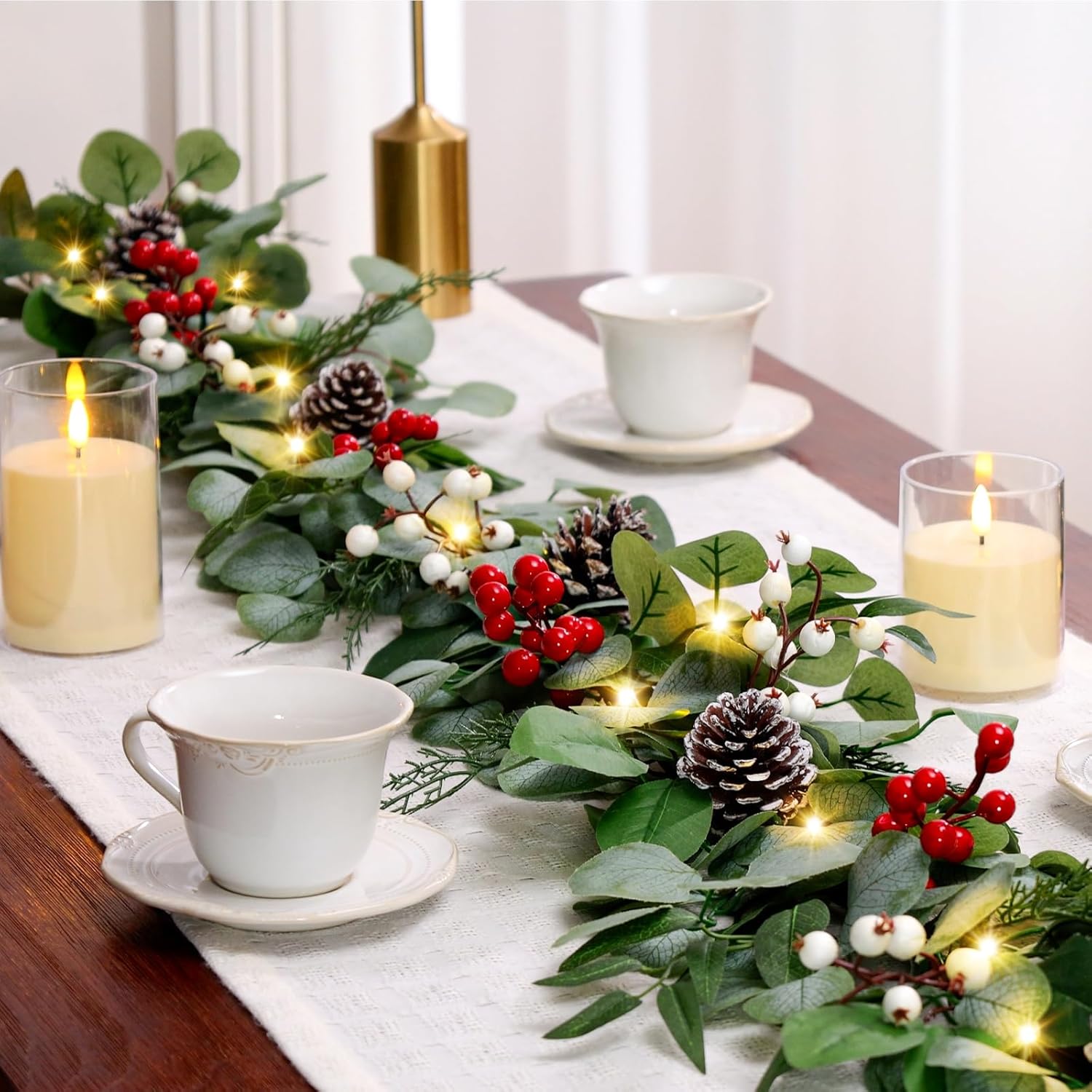 9ft Prelit Christmas Garland with Lights, Multi-Color Lights/Battery Operated/Timer, Lighted Artificial Eucalyptus Christmas Garland for Mantle Table Stairs Railing Xmas Indoor Outdoor Decorations 1 9FT- Eucalyptus