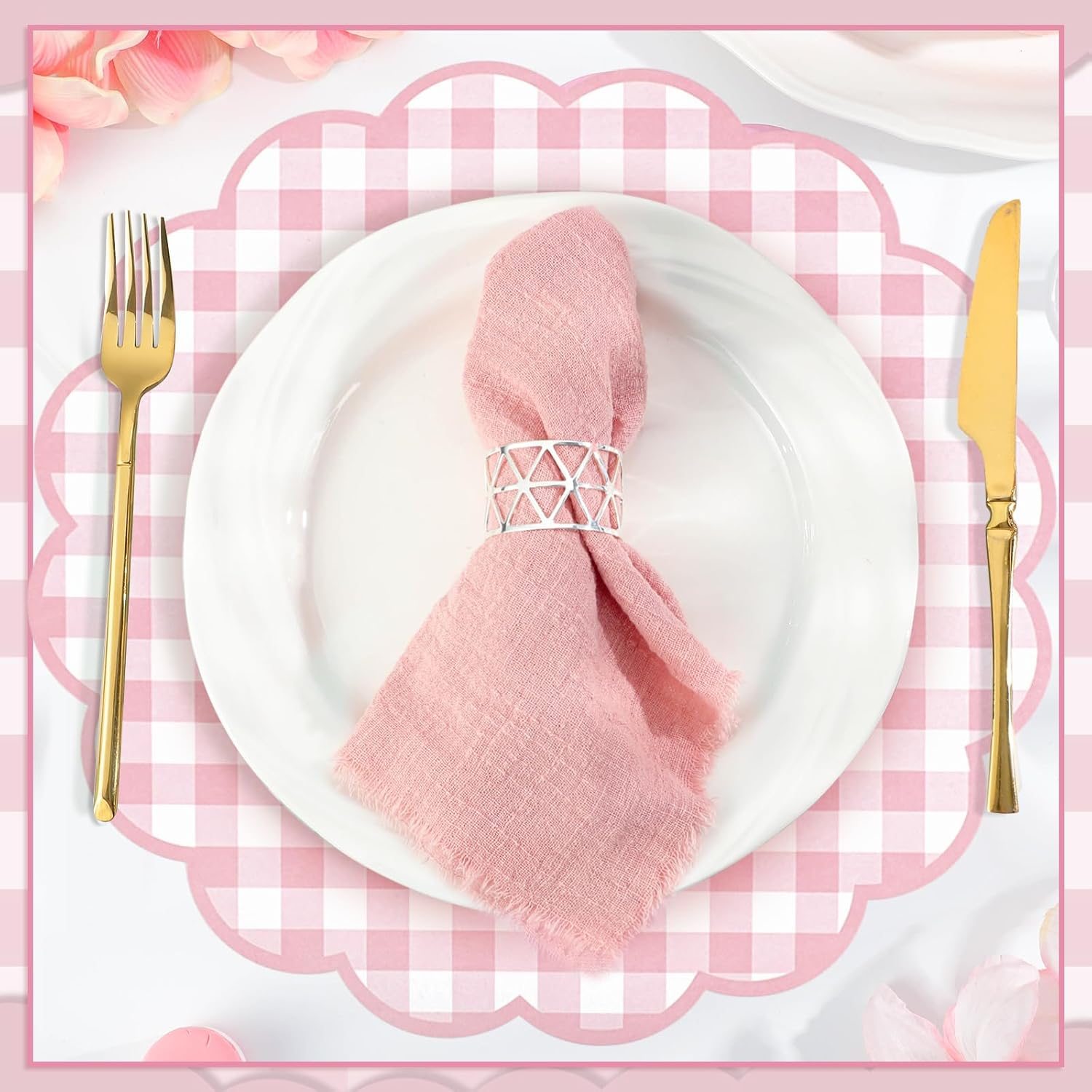 60 Pcs Pink and White Gingham Paper Placemat, Scalloped Checkered Place Mat | 13.5 Inch Disposable Table Placemats Decorative Paper for Anniversay Baby Shower Wedding Banquet Tea Party Picnic