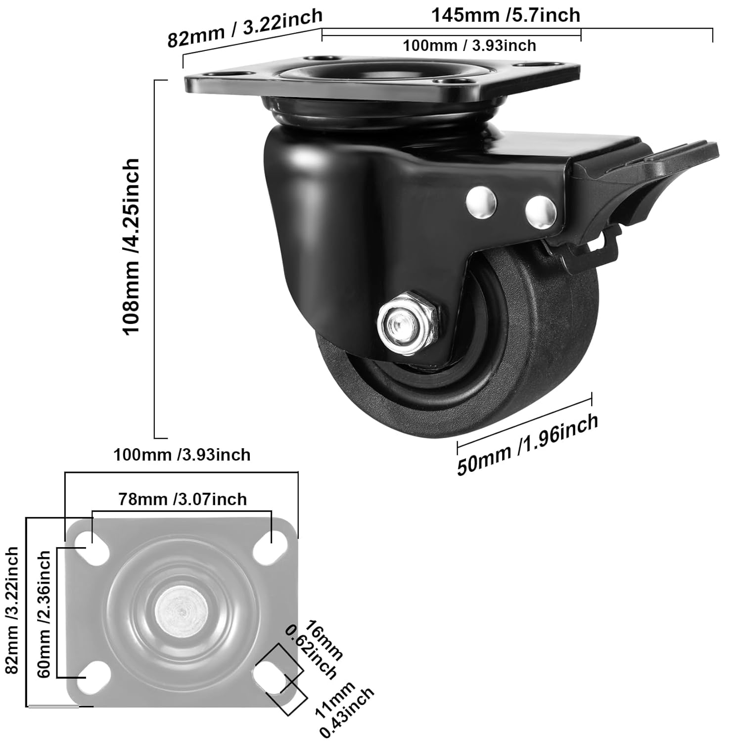 W B D WEIBIDA Plate Swivel Caster Wheels 3-inch Heavy Duty of 4400lbs, Low Gravity Center Design Black Caster Wheels with Brake, Durable & Quiet & Sturdy Nylon Wheels for Industrial, Set of 4