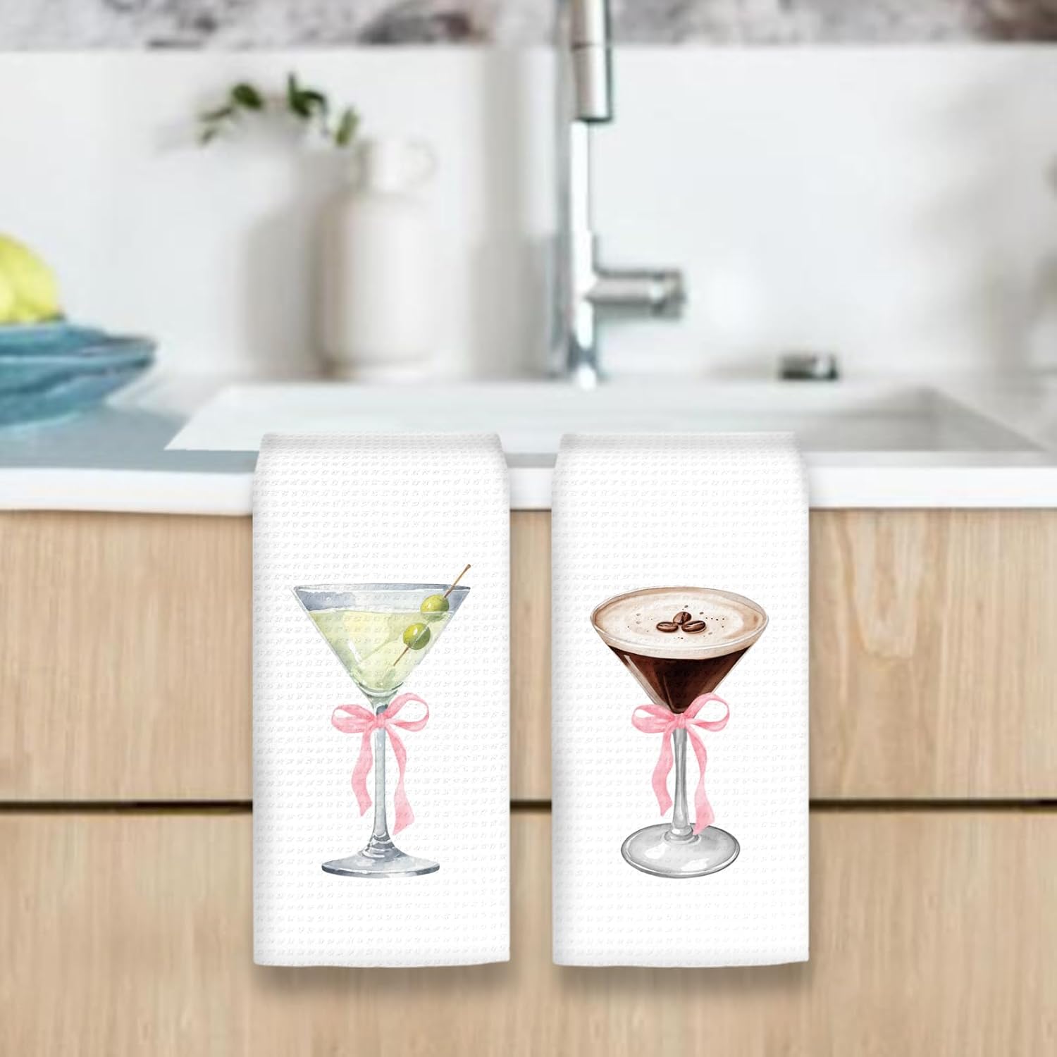 Martini Decor Kitchen Towels Set of 2, Gifts for Martini Lovers Hand Towels, Pink Bow EspressoMartini Dish Tea Towel for Kitchen Home Bar, Coquette EspressoMartini Bar Cart Decor, 16x24In - Image 6
