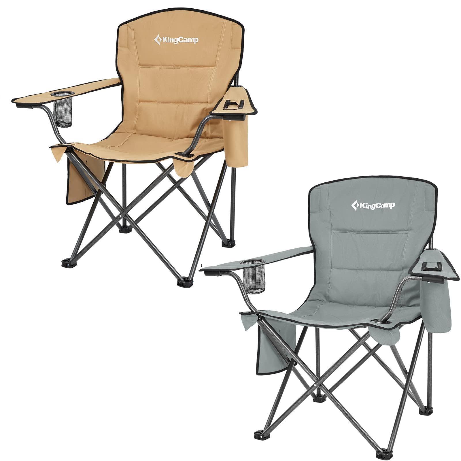 KingCamp 2 Pack Oversized Folding Camping Chairs, Outdoor Portable Lawn Chairs Heavy Duty 300lbs Camp Chair with Cooler Bag, Cup Holder, Side Pocket for Outside Sports Beach Patio, Grey&Khaki