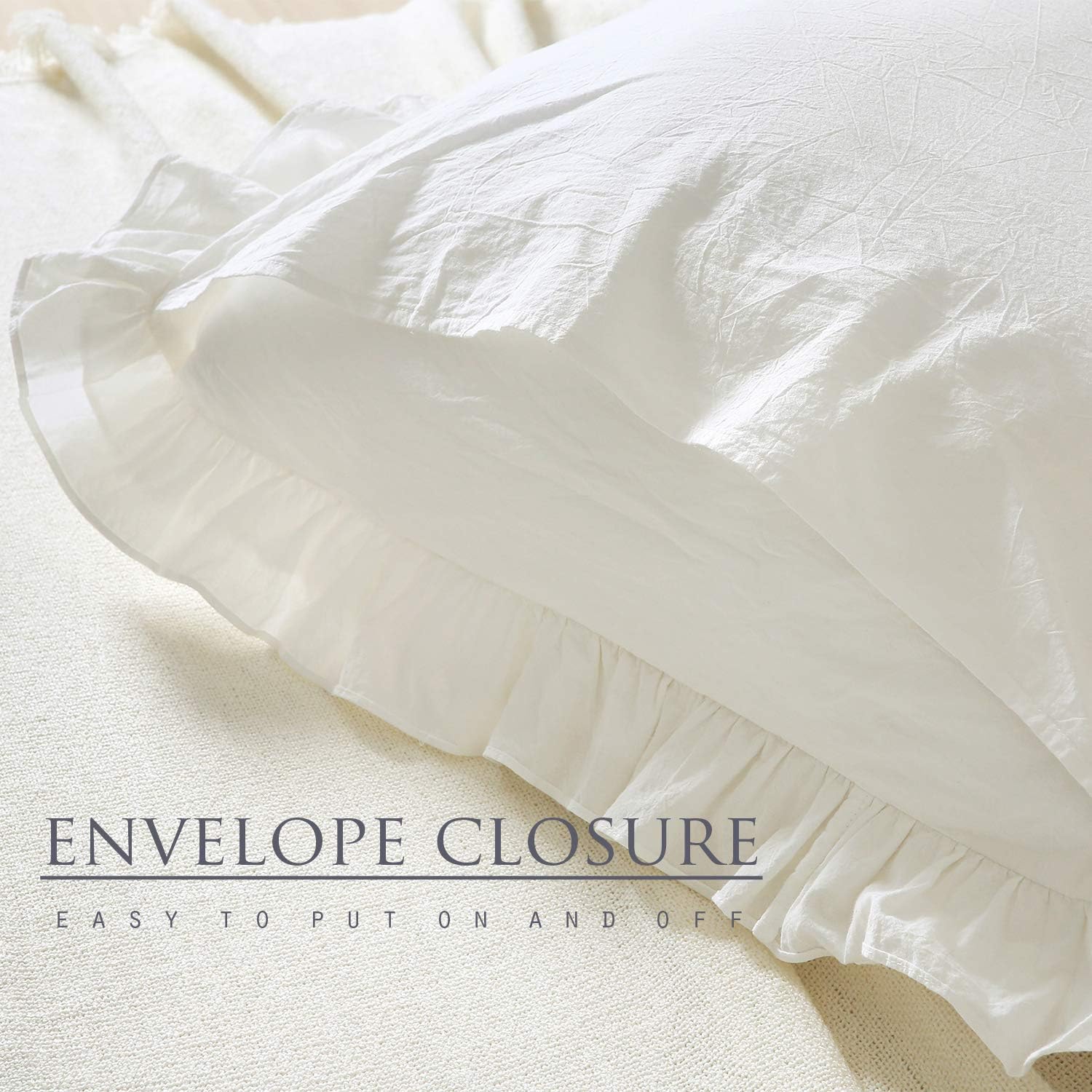 2 Pack Off White Ruffled Euro Shams Pillow Covers, 100% Cotton Vintage French Countryside Farmhouse Bed Pillowcases-26 x26