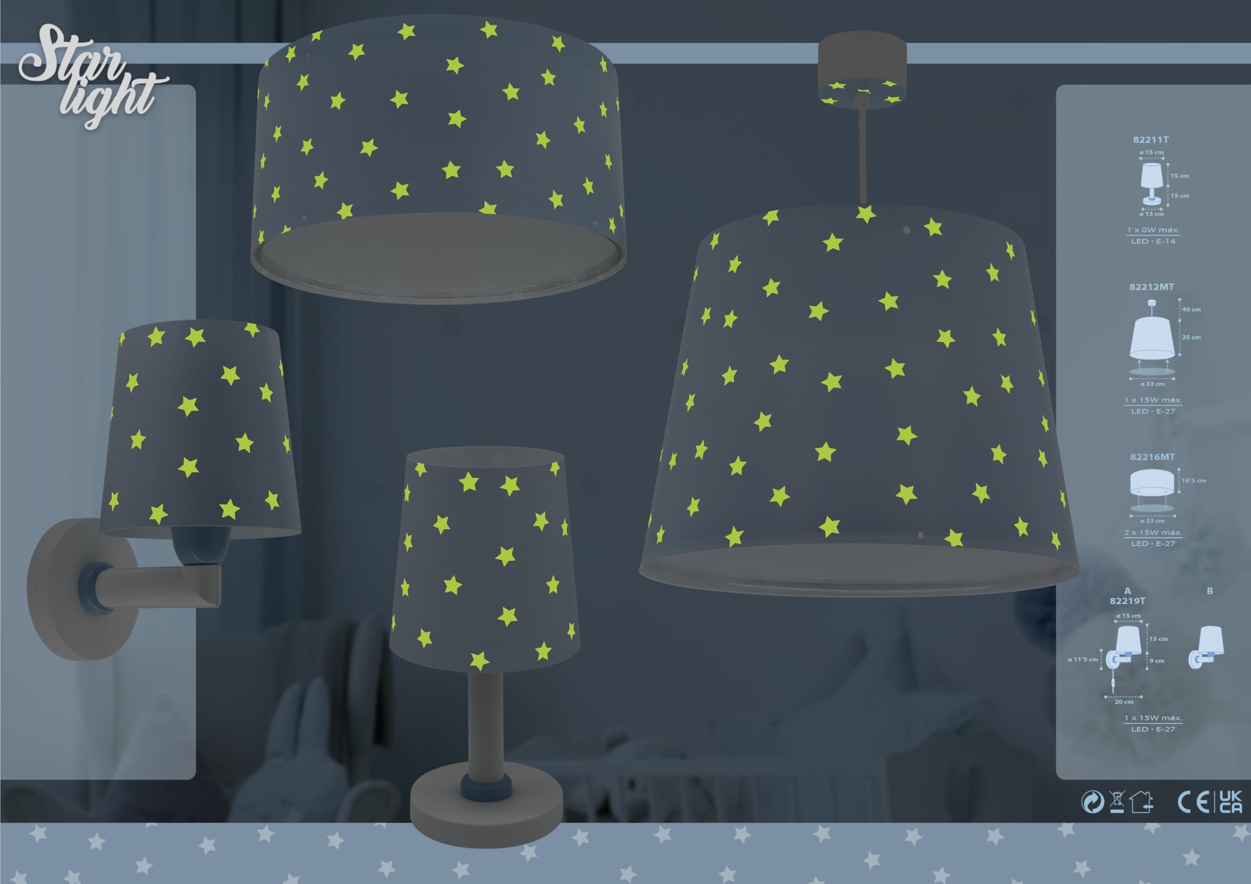 Dalber Lámpara Aplique Pared Infantil Estrellas Azul 82219T E27 | Lámpara aplique de pared con instalación directa a la corriente o mediante cable con interruptor incluido. Star Light