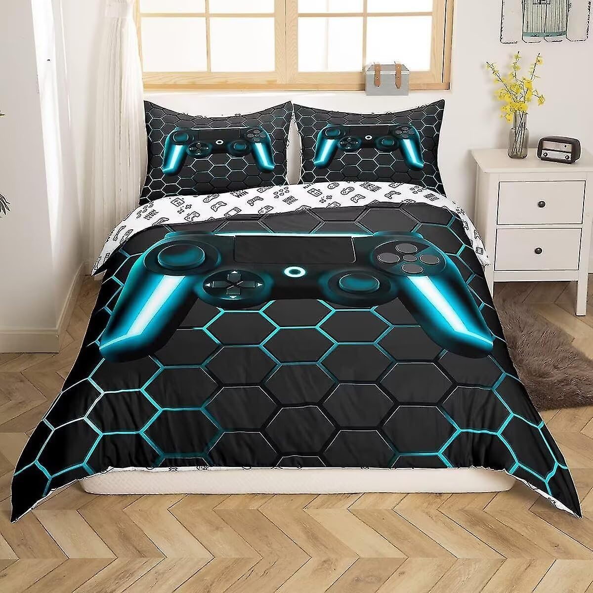 Tabeskly Boy Black Blue Gaming Bedding Duvet Cover Set Single - Image 2