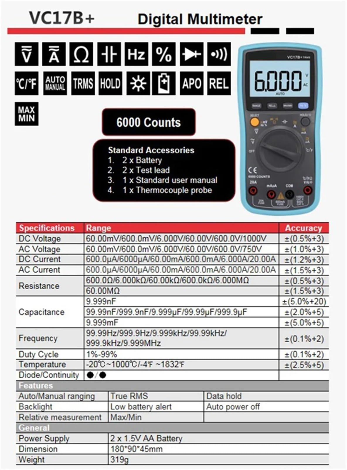 Tester tranzystorów i kondensatorów Lcr Esrmeter VC17B+ cyfrowy multimetr 6000 zliczeń multimetr multitester cyfrowy profesjonalny Dla indukcyjności i pojemności
