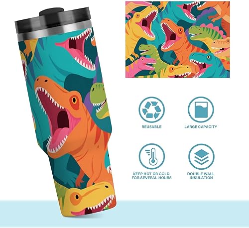 Miniatura 8 de Botellas de agua de 40 onzas de boca ancha con diseño de dinosaurios de dibujos animados coloridos con popote, resistente a las fugas, taza aislada