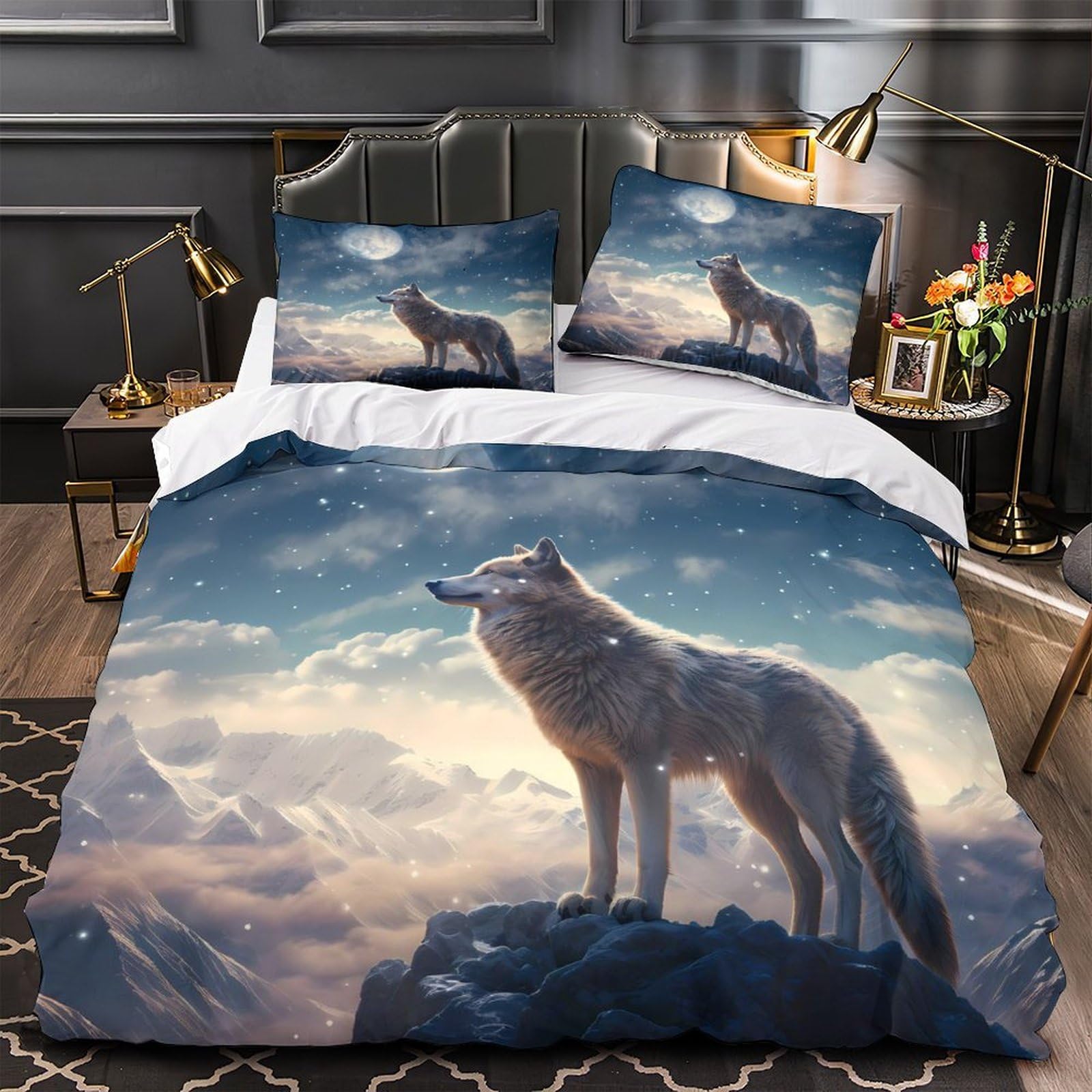 Housse de couette loup 135x200 single en microfibre avec imprimé 3D de montagne