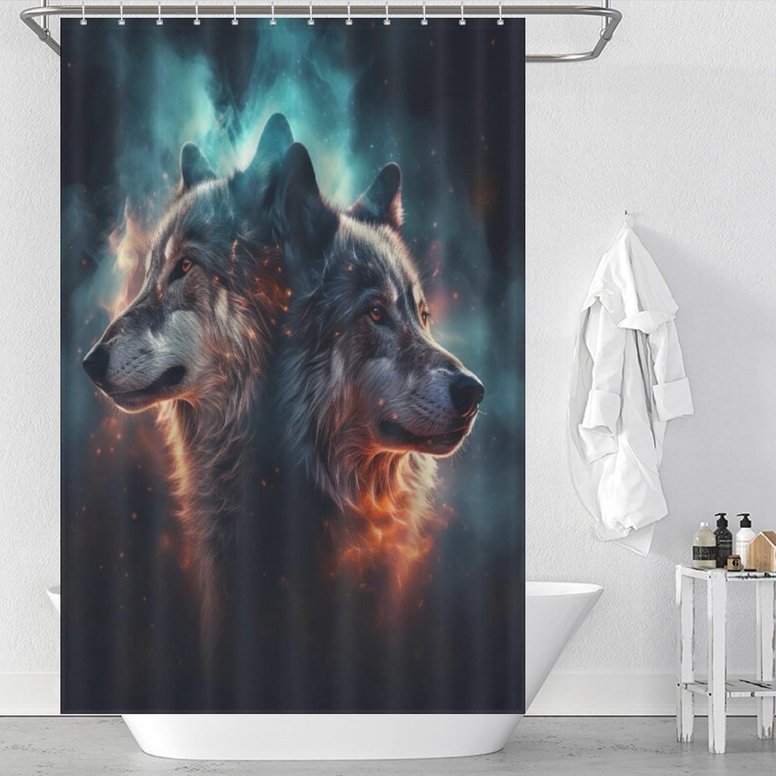 Rideau de douche loup étanche à séchage rapide pour baignoire