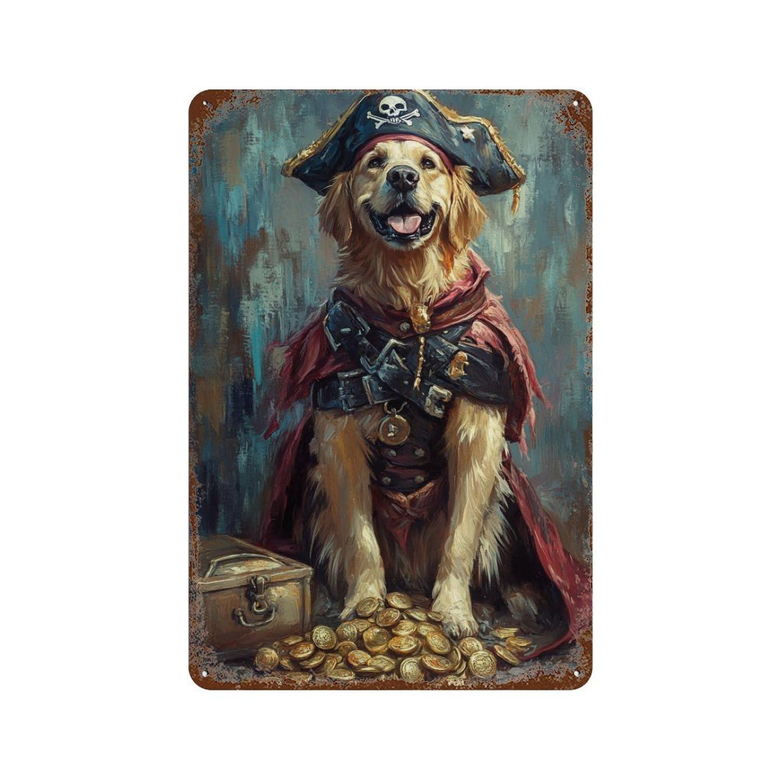 Rustic Tin Plaque Pirate Dog Treasure Chest-53 11.8"x7.9", Vintage Wall Decor for Pub, Kitchen And Man Cave Decor