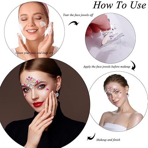 Miniatura 3 de SIQUK 24 juegos de calcomanías para la cara de sirena, gemas de cara de sirena, cristales de diamantes de imitación para festivales, rave, fiesta de