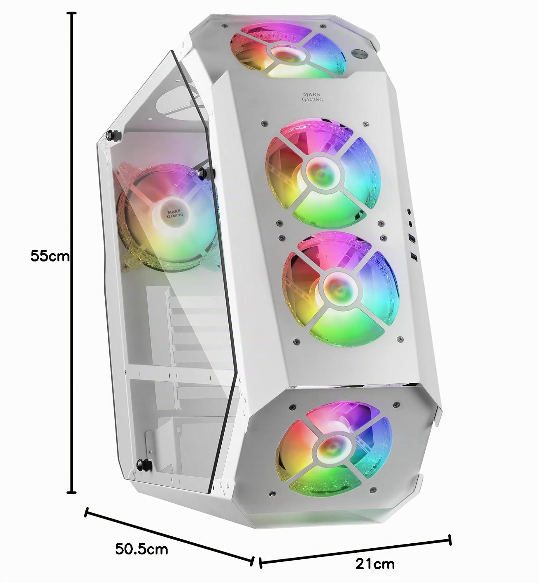 Mars Gaming MC51W, Custodia da Gioco PC ATX, Doppio Vetro Temperato, 5x Ventola RGB 12cm, Bianco