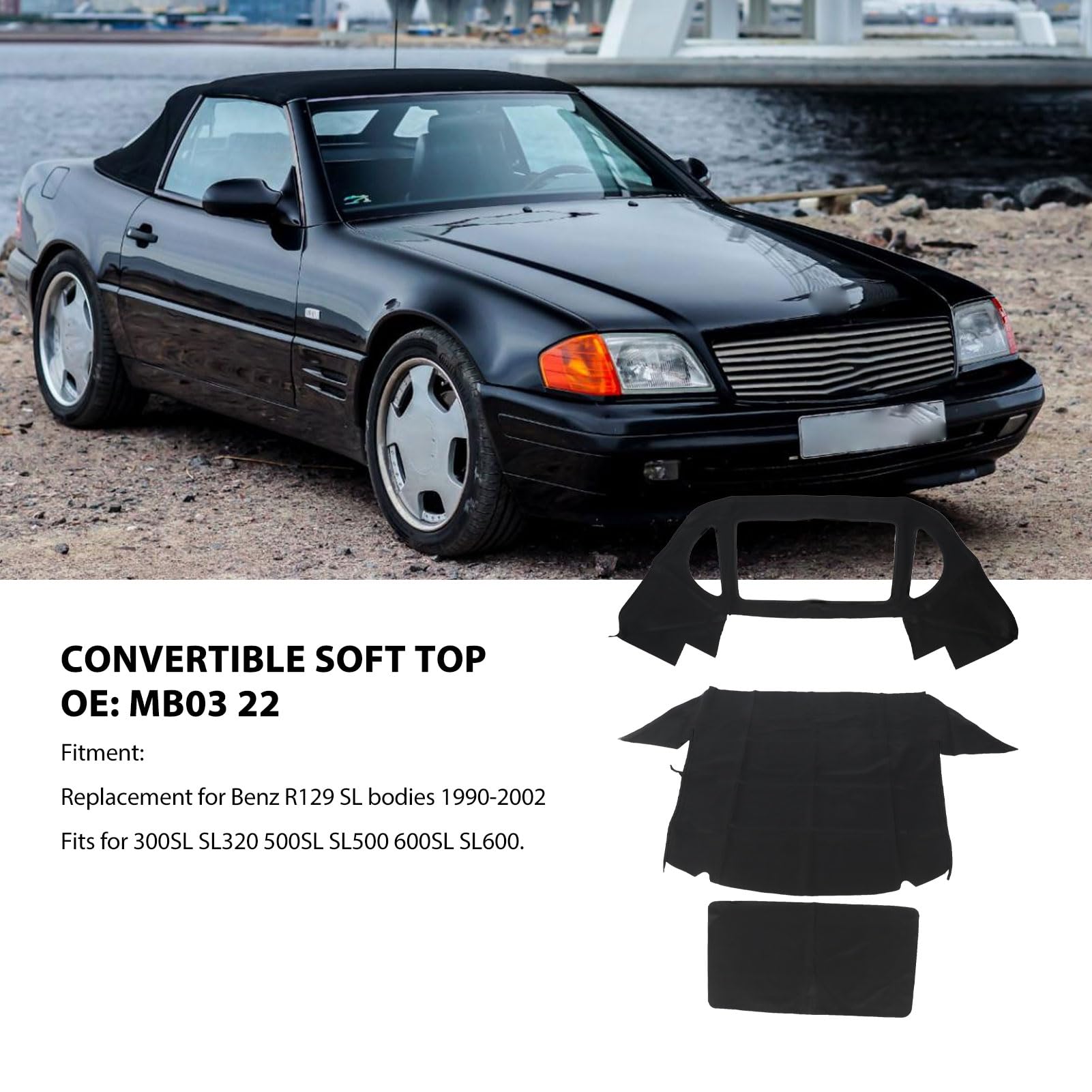 Reemplazo de Capota Convertible Negra de Lona Suave Resistente a la Abrasión MB03 22 para 300SL, SL320, 500SL, SL500, 600SL, SL600, Reemplazo de Capota Convertible con