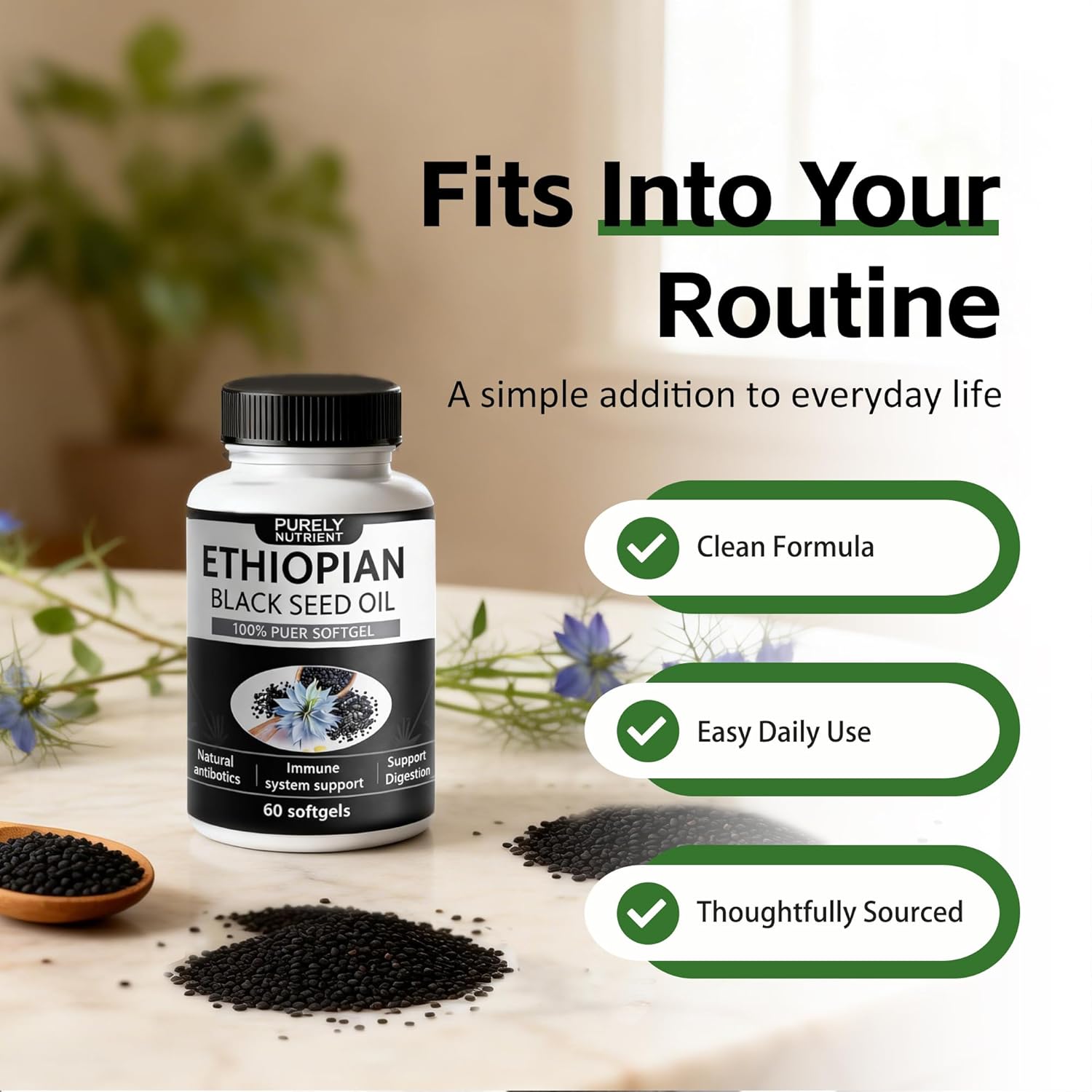 Purely Nutrient Ethiopian Black Seed Oil, Purely Nutrient Organic Cold Pressed Black Cumin Seed Oil Softgels, Non-GMO, Gluten-Free, 60 Softgels