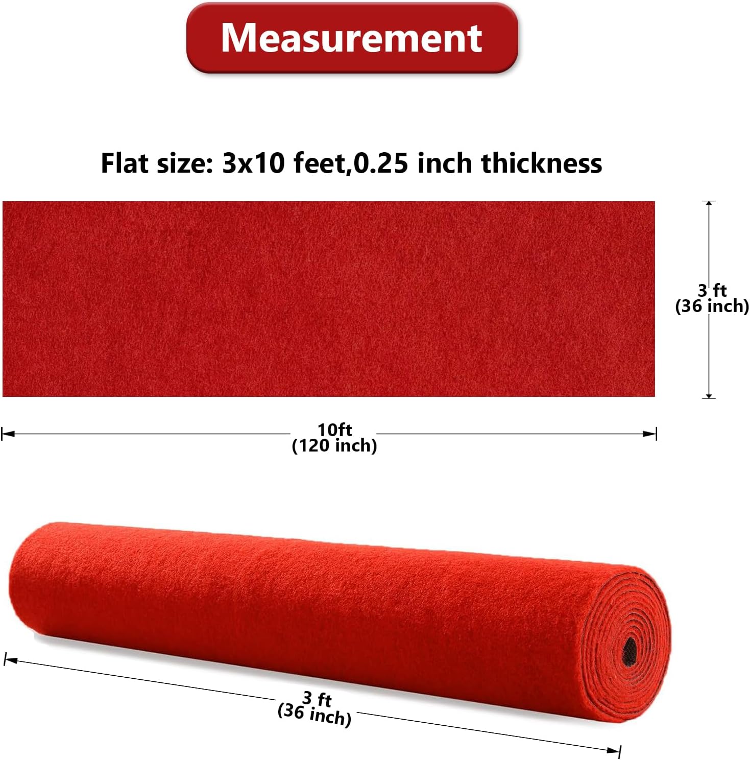 Red Carpet Runner Rug for Party and Event, Non-Slip TPR Rubber Backed Aisle Runway red Rug for Step, Proposal & Wedding Christmas Thanksgiving Decorations, Runway Rug for Prom(3 x 10ft, 450 GSM) Red 3'X10'