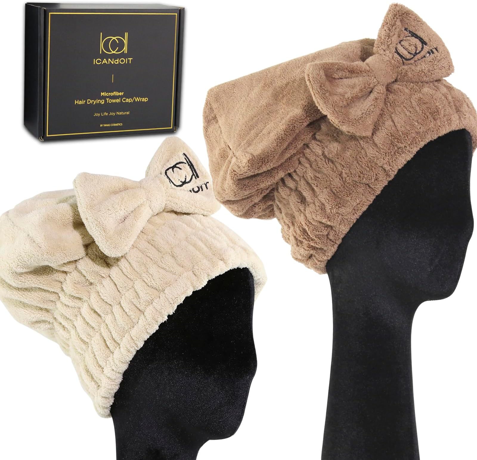 ICANdOIT-2PCS Microfiber Hair Drying Caps for All Hair Style, Extre Soft & Ultra Absorbent, Quick Drying Hair Turban Wrap Towels-Shower Cap for Girls and Women(Beige+Chocolate)